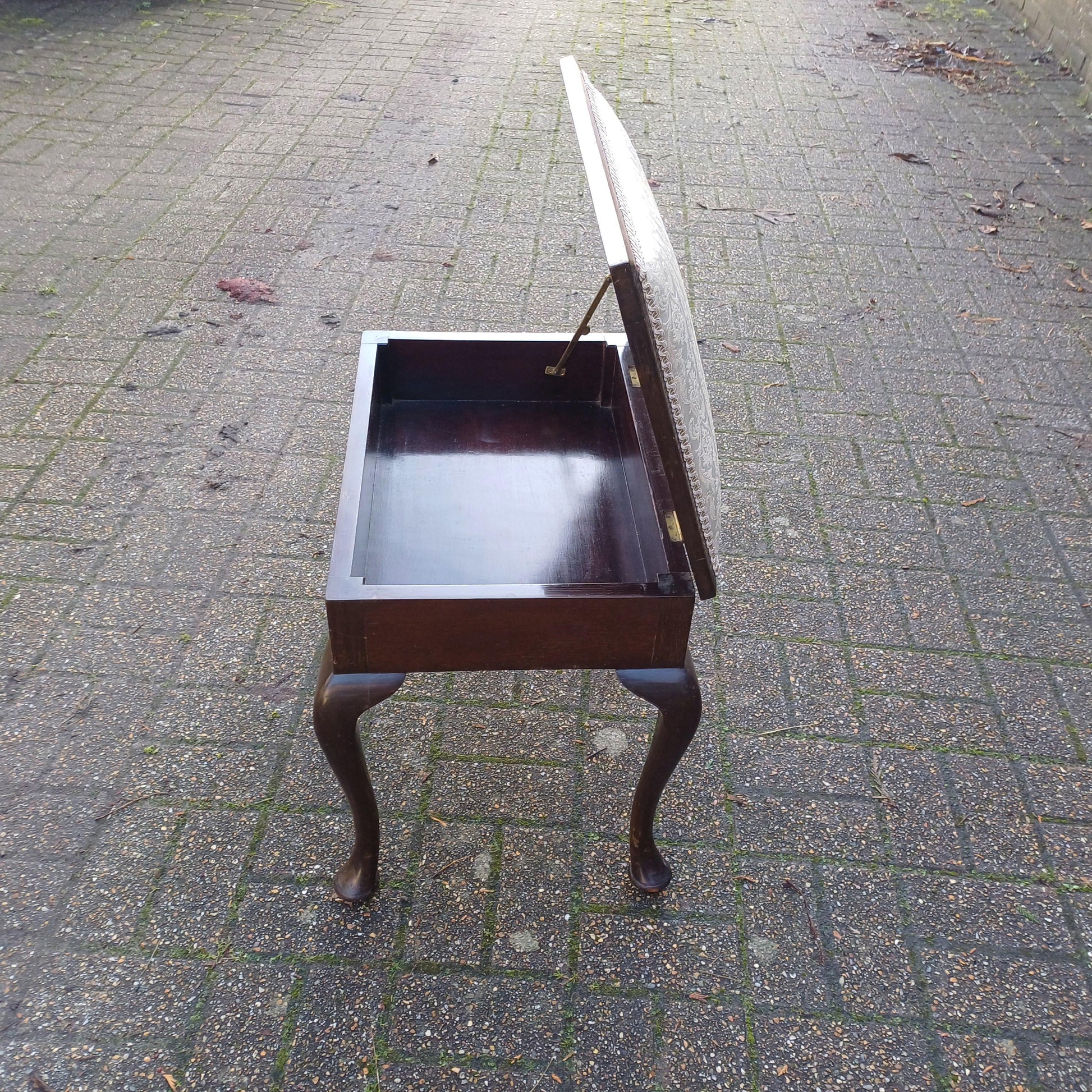 Newly Upholstered Vintage Edwardian Piano Stool with Music Compartment Cabriole Legs