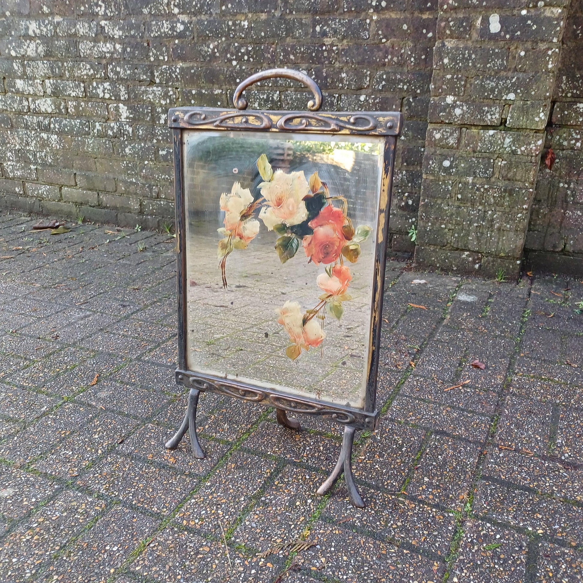 Stunning 1900s Vintage Art Nouveau Fire Screen Guard Style Hand Painted Roses in Oil