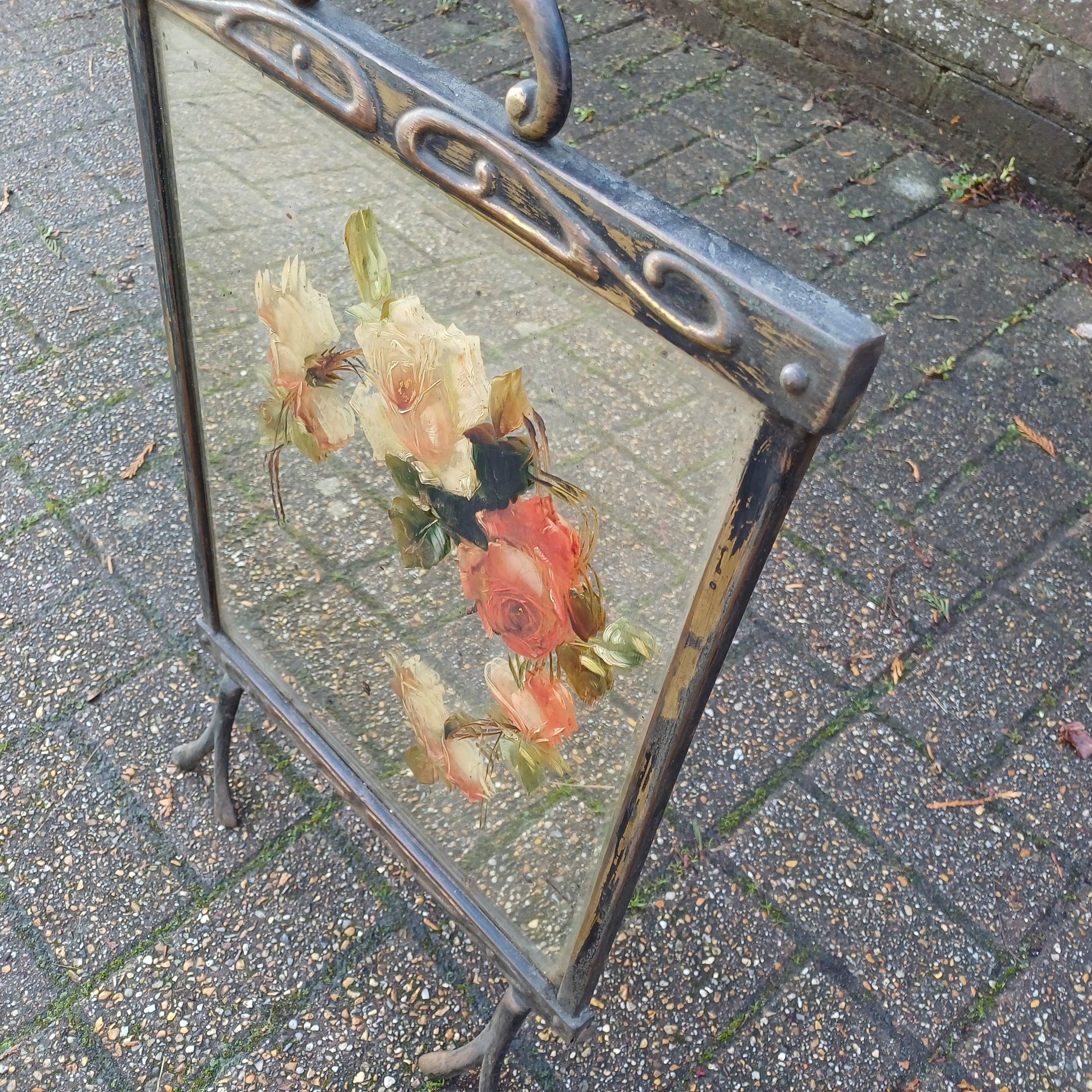 Stunning 1900s Vintage Art Nouveau Fire Screen Guard Style Hand Painted Roses in Oil