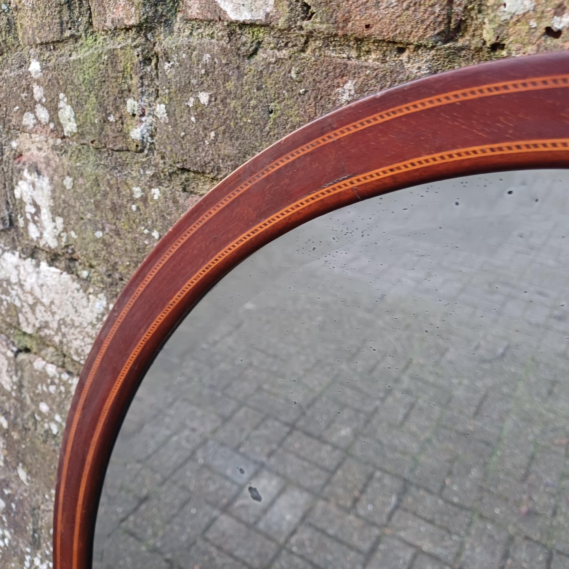 Large Vintage Oval Inlaid Mahogany Mirror with Inlaid Decoration Bevelled Glass Timeless and Versatile