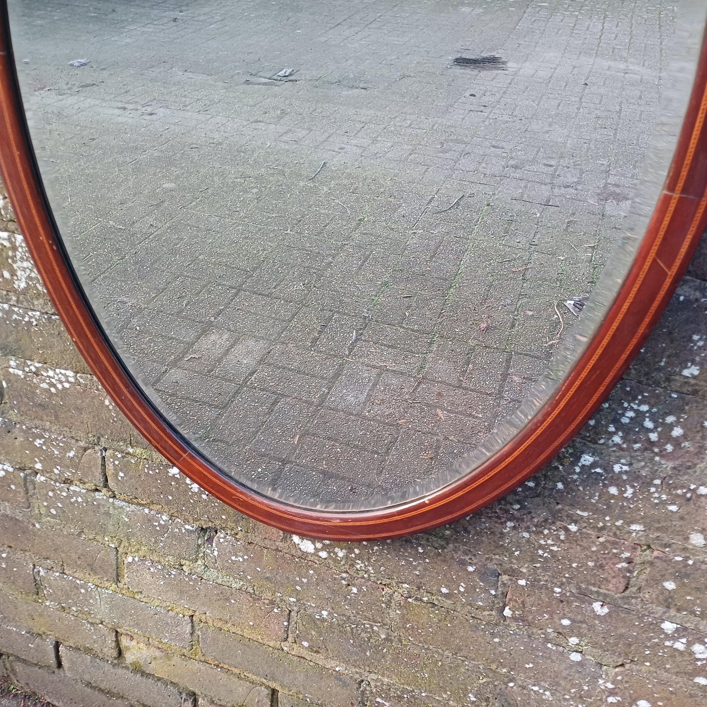 Large Vintage Oval Inlaid Mahogany Mirror with Inlaid Decoration Bevelled Glass Timeless and Versatile