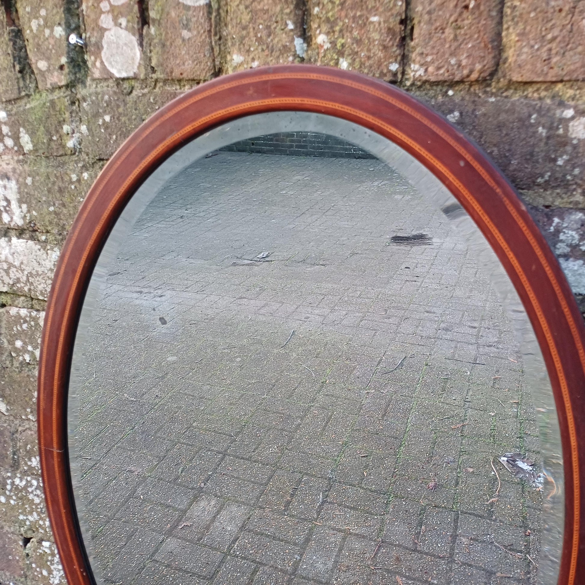 Large Vintage Oval Inlaid Mahogany Mirror with Inlaid Decoration Bevelled Glass Timeless and Versatile