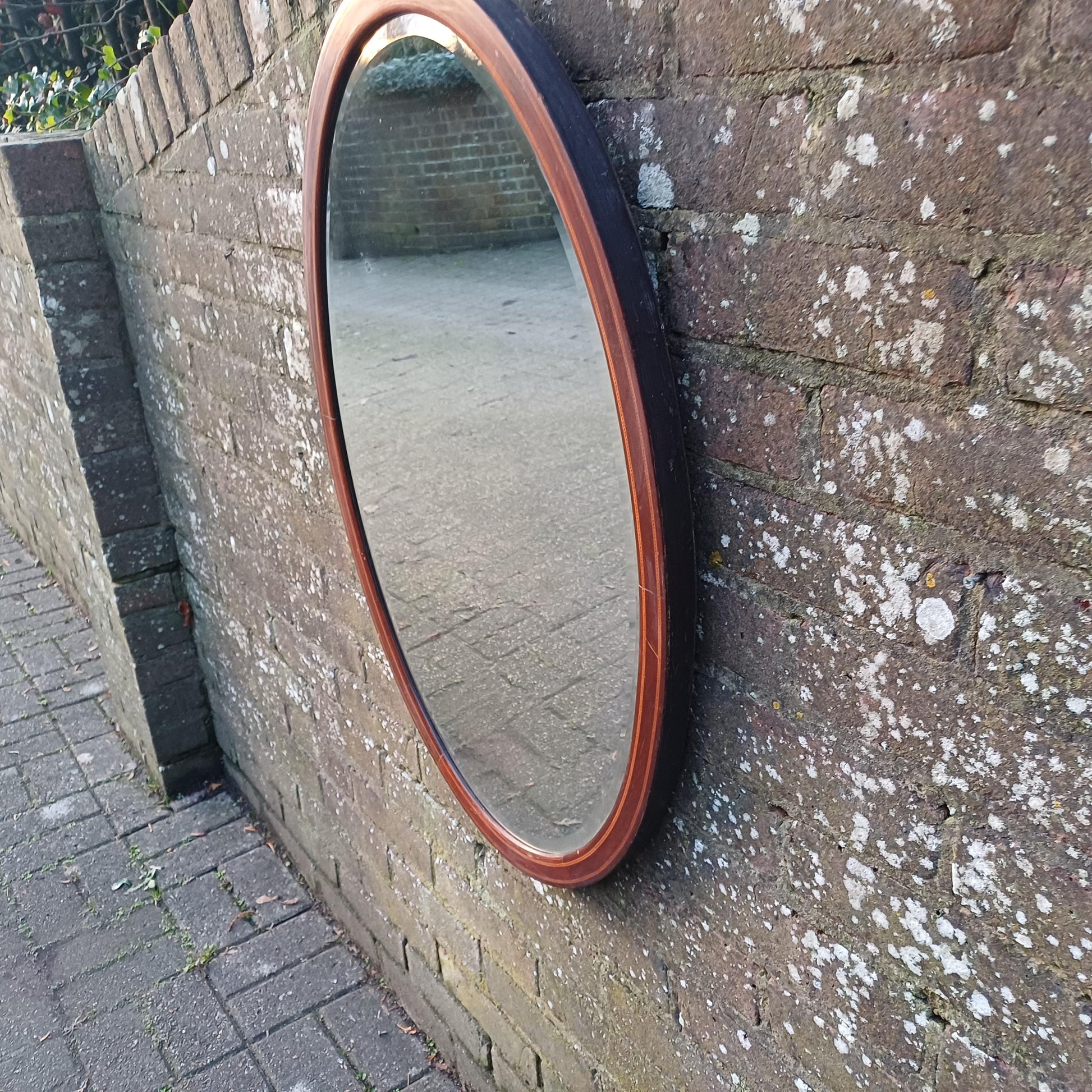 Large Vintage Oval Inlaid Mahogany Mirror with Inlaid Decoration Bevelled Glass Timeless and Versatile