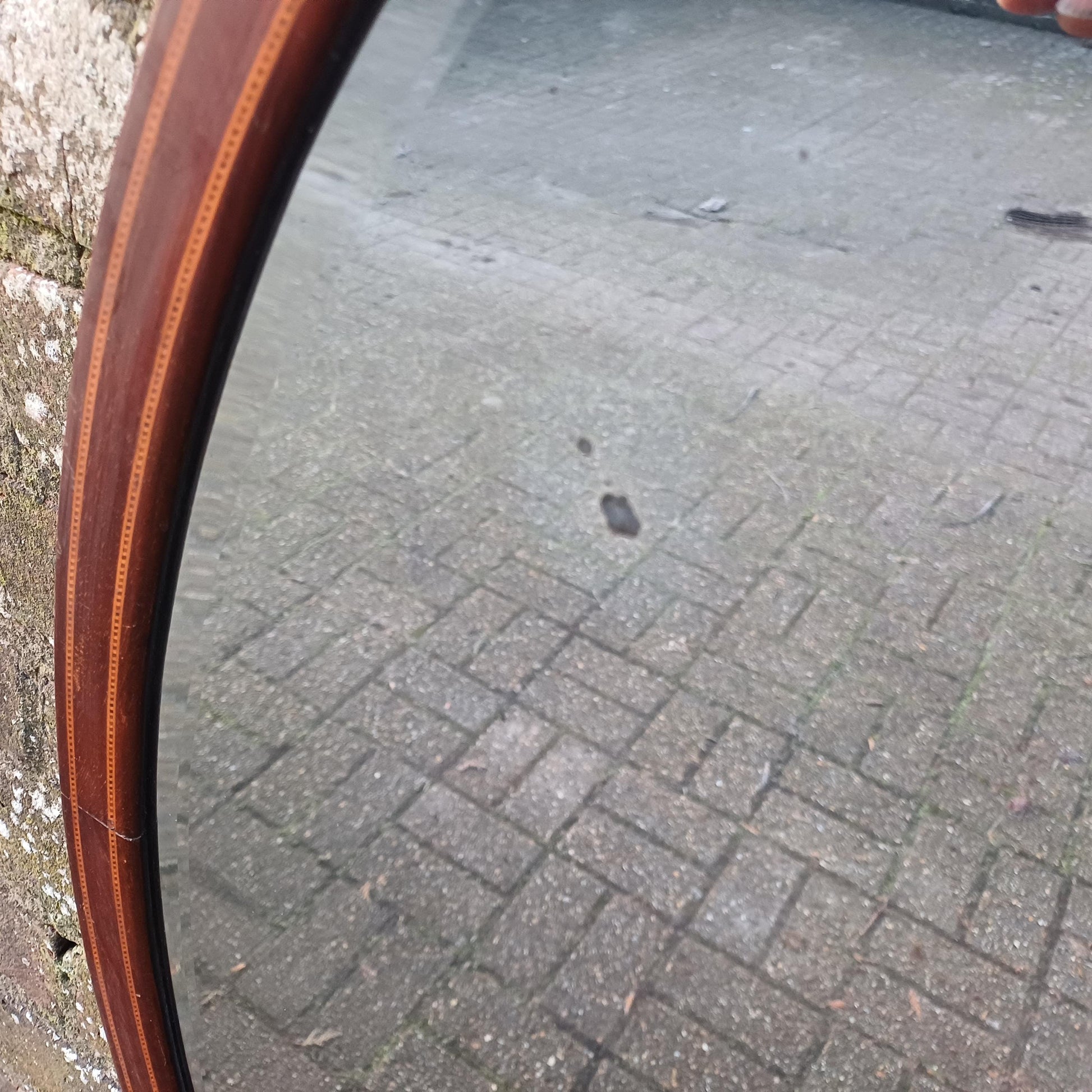 Large Vintage Oval Inlaid Mahogany Mirror with Inlaid Decoration Bevelled Glass Timeless and Versatile