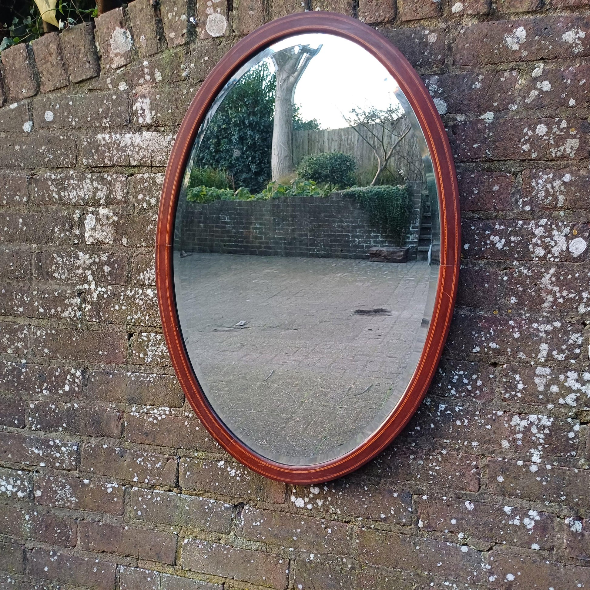 Large Vintage Oval Inlaid Mahogany Mirror with Inlaid Decoration Bevelled Glass Timeless and Versatile