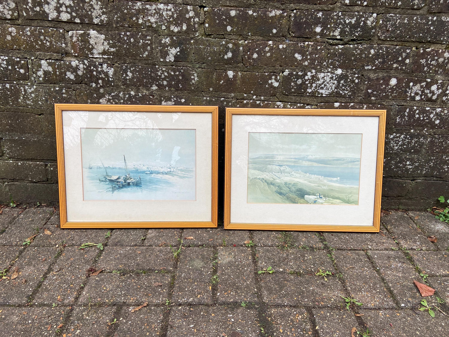 Pair of Mid century vintage wooden frames with geometric detail - light golden wood with black lines, glazed frames; David Roberts prints x2