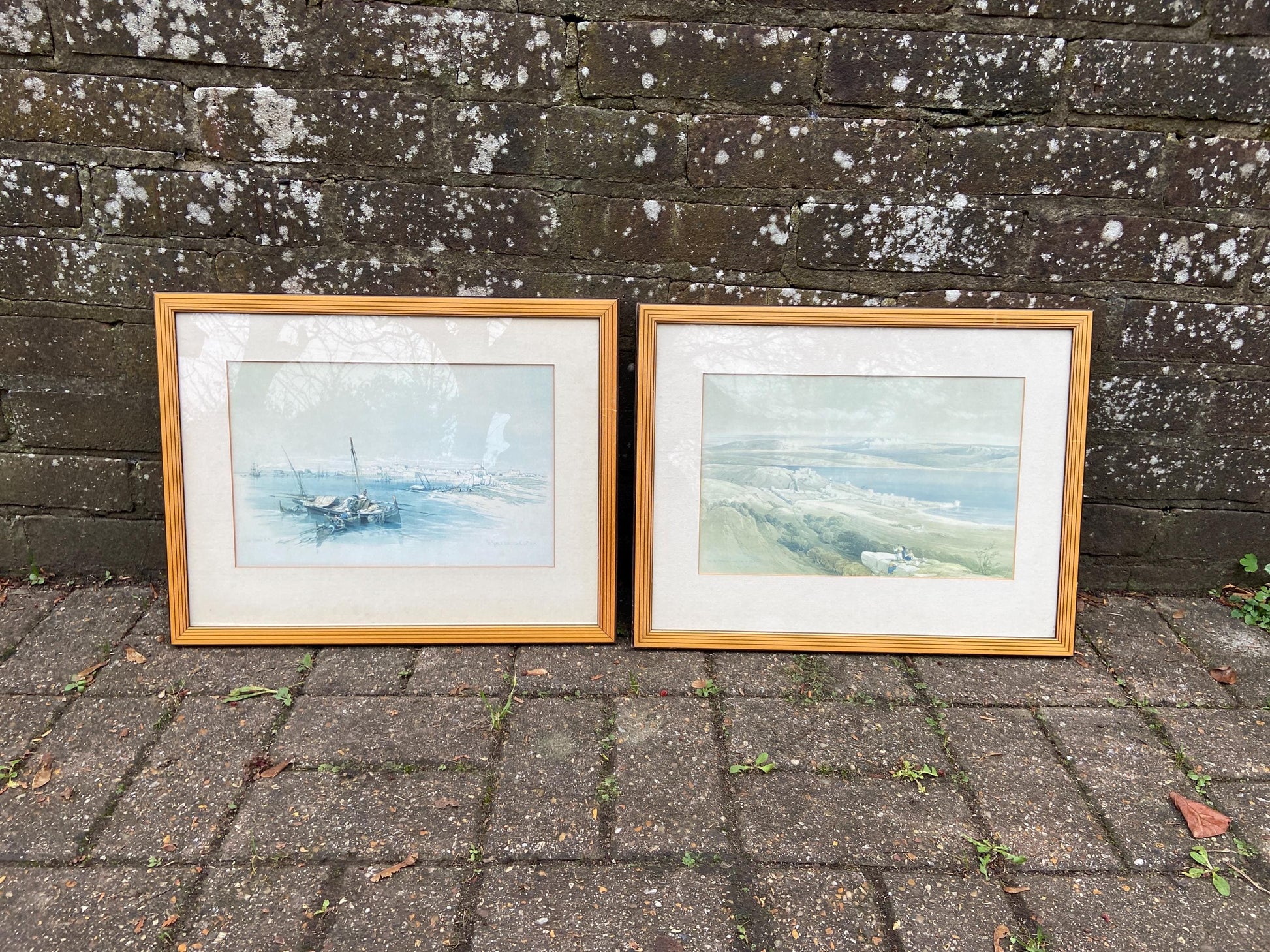 Pair of Mid century vintage wooden frames with geometric detail - light golden wood with black lines, glazed frames; David Roberts prints x2