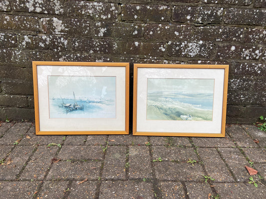 Pair of Mid century vintage wooden frames with geometric detail - light golden wood with black lines, glazed frames; David Roberts prints x2