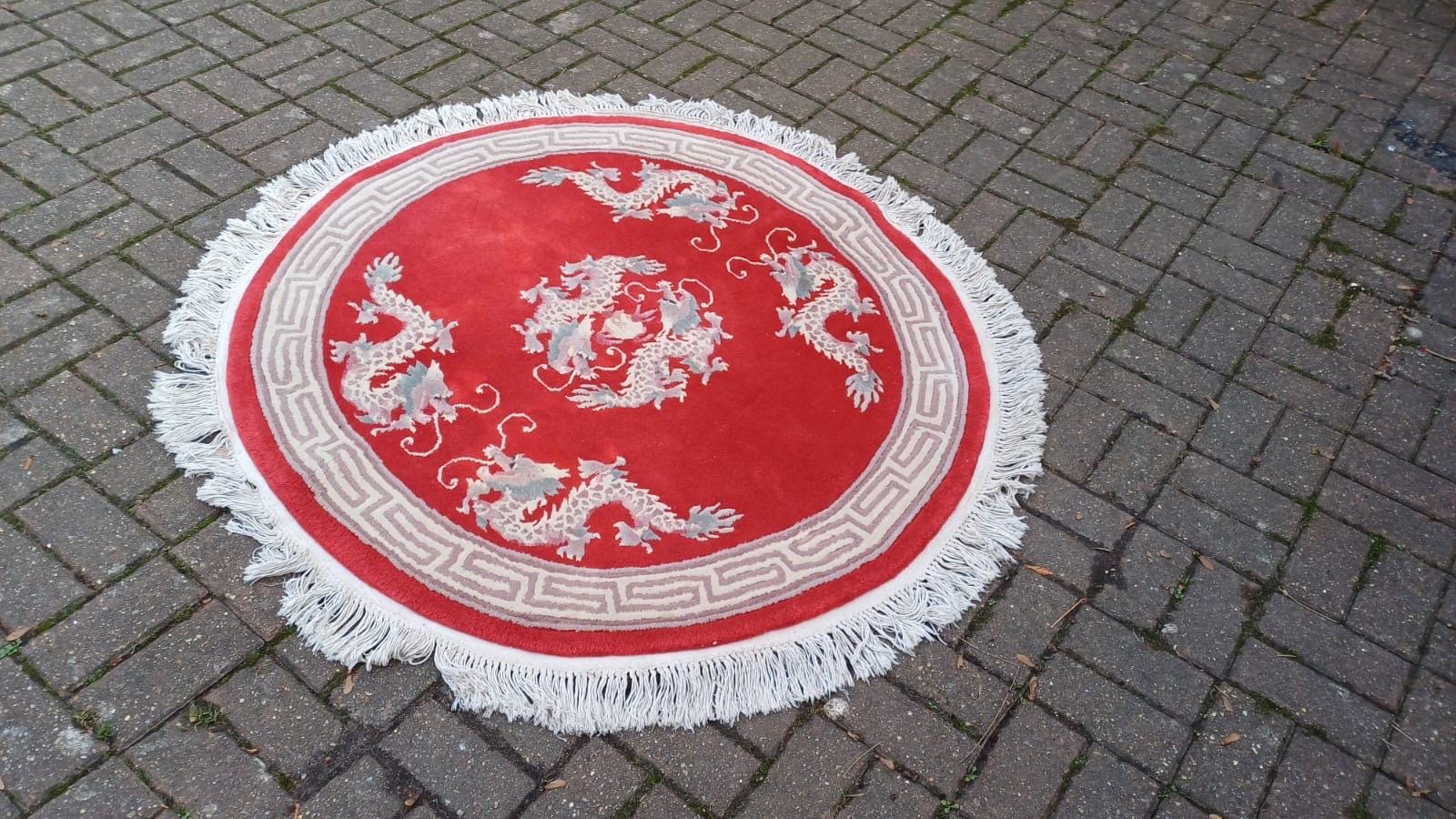 Vintage Round Chinese Woollen Red Rug, Dragons, oriental pattern and fringe, good condition 144cm diameter