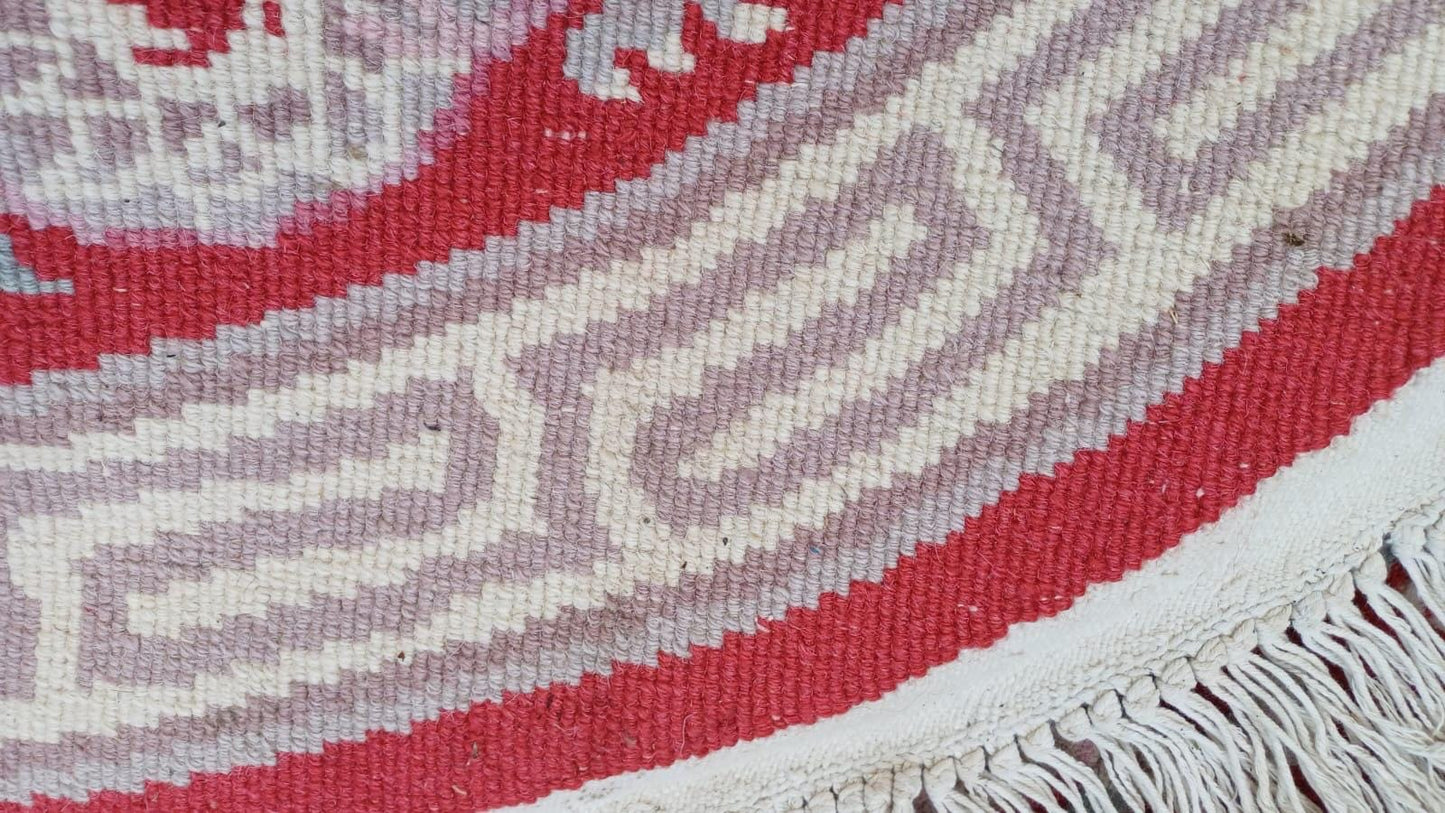 Vintage Round Chinese Woollen Red Rug, Dragons, oriental pattern and fringe, good condition 144cm diameter