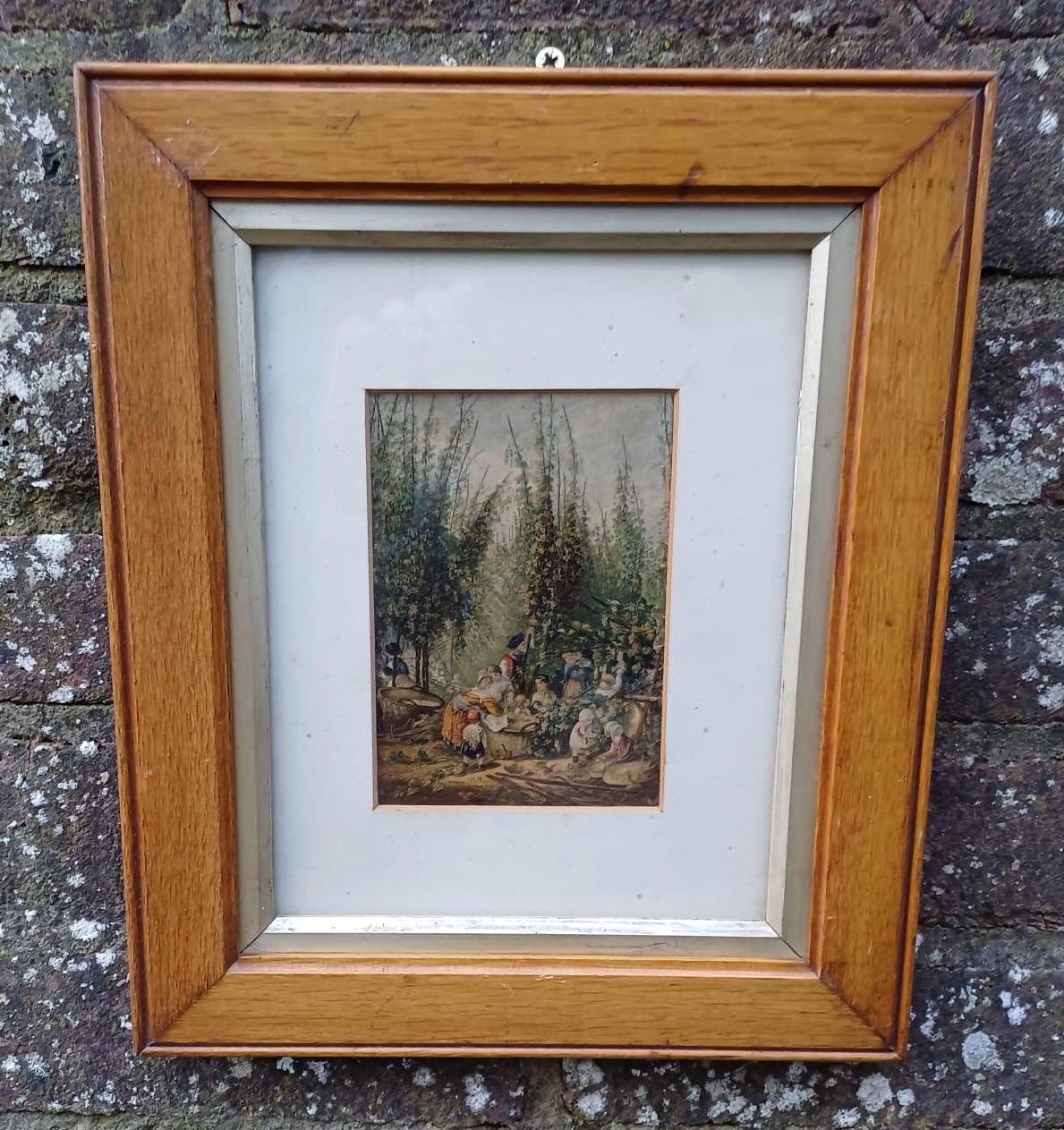 charming 1800s bAXTER print of The Hop Garden. in lovely vintage glazed frame