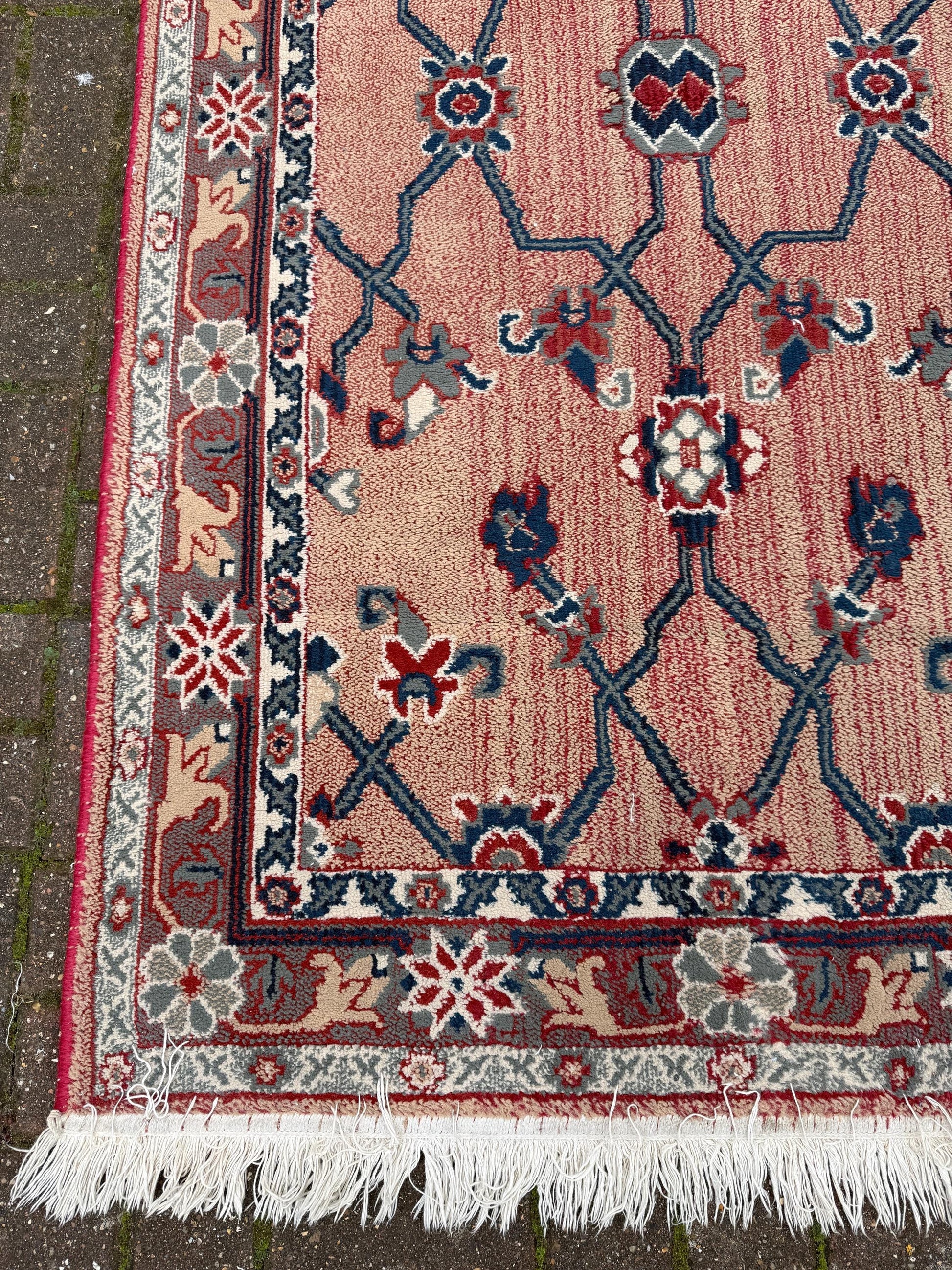 Attractive medium sized vintage rug with pink, red, blue pattern (183cm x 100cm)