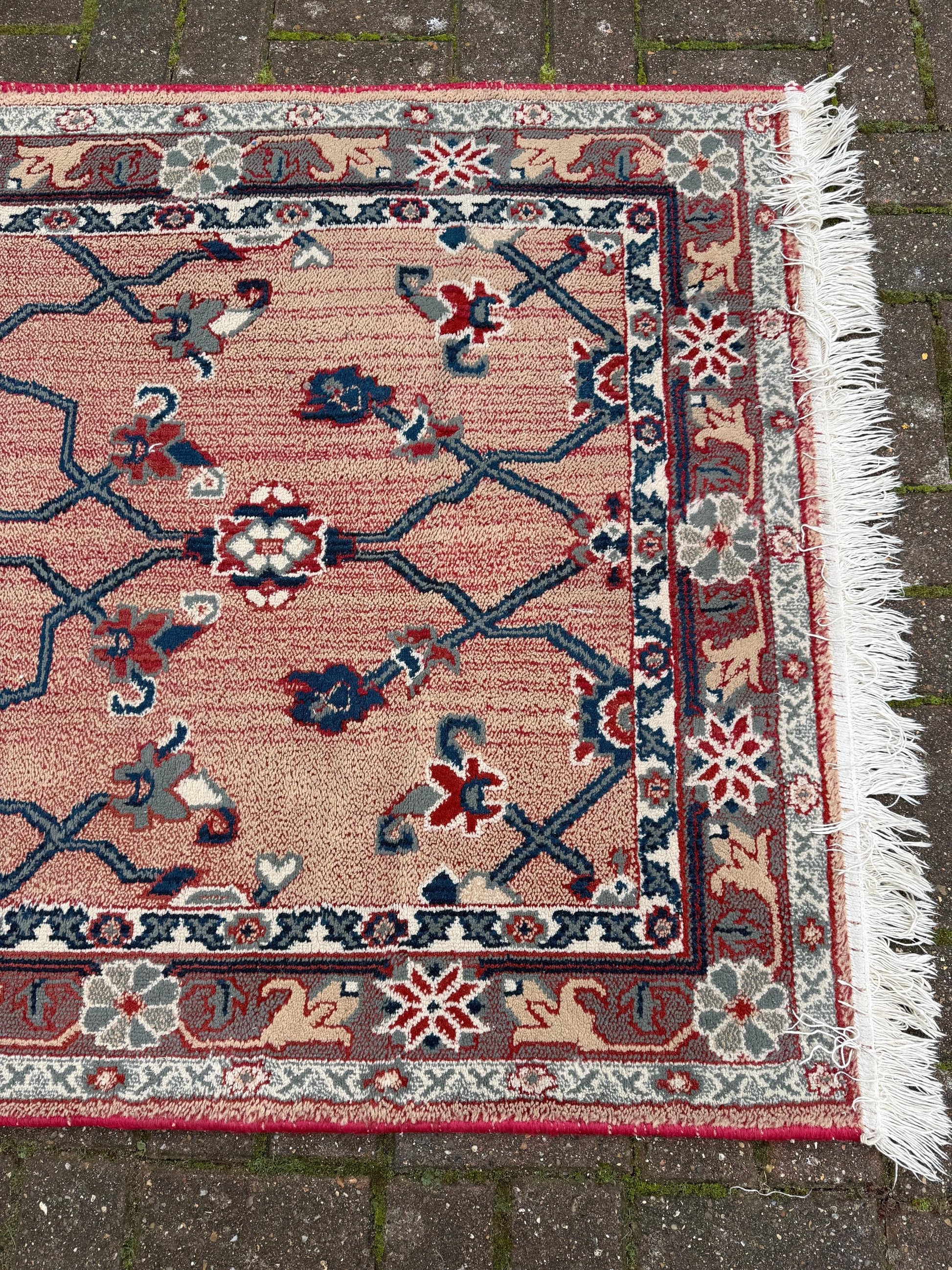 Attractive medium sized vintage rug with pink, red, blue pattern (183cm x 100cm)
