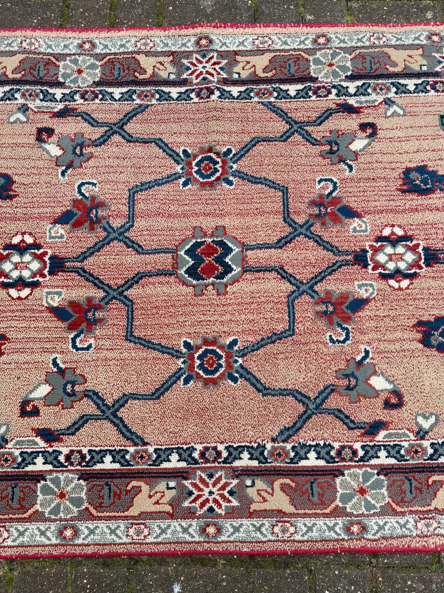 Attractive medium sized vintage rug with pink, red, blue pattern (183cm x 100cm)