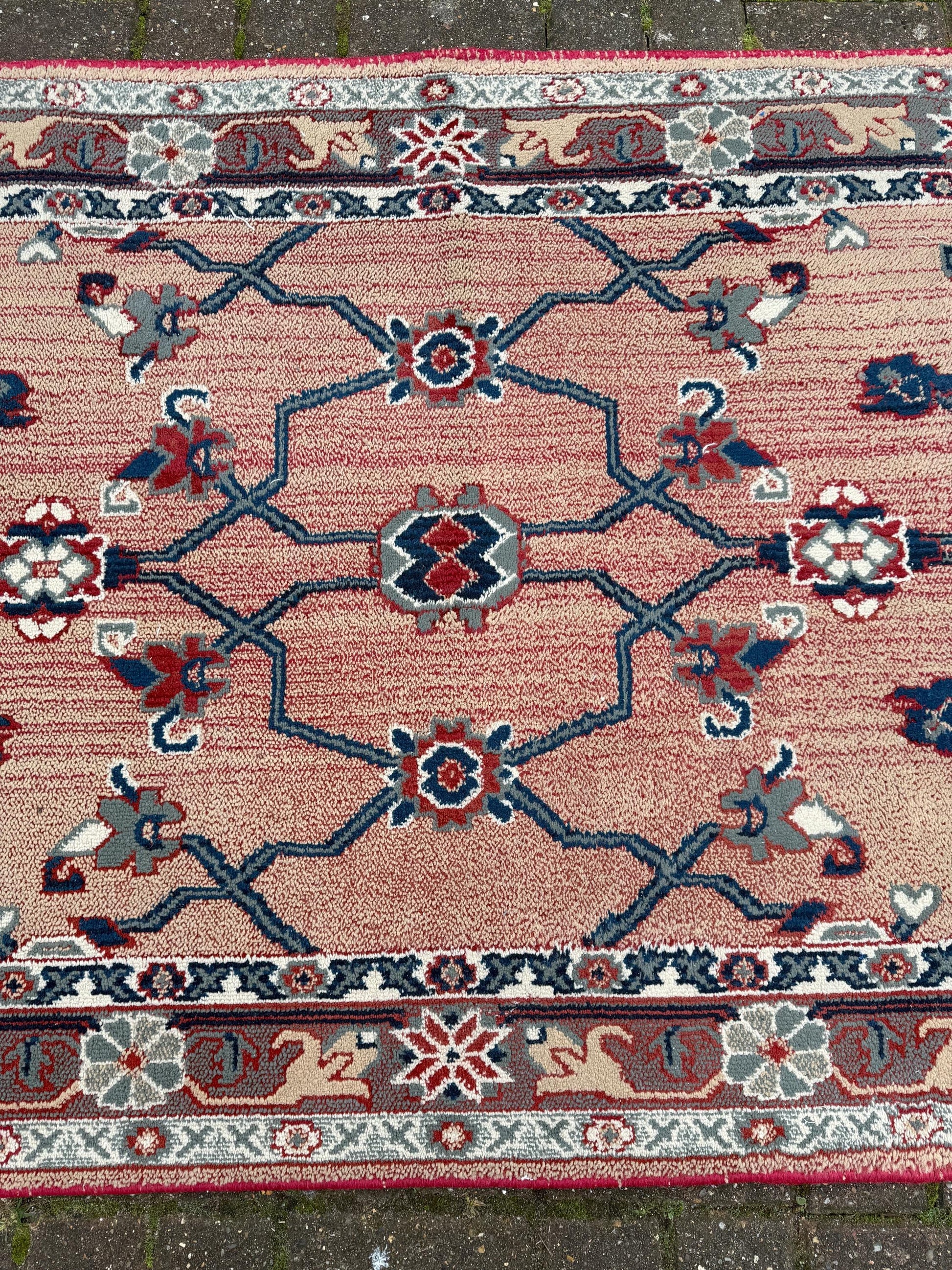 Attractive medium sized vintage rug with pink, red, blue pattern (183cm x 100cm)