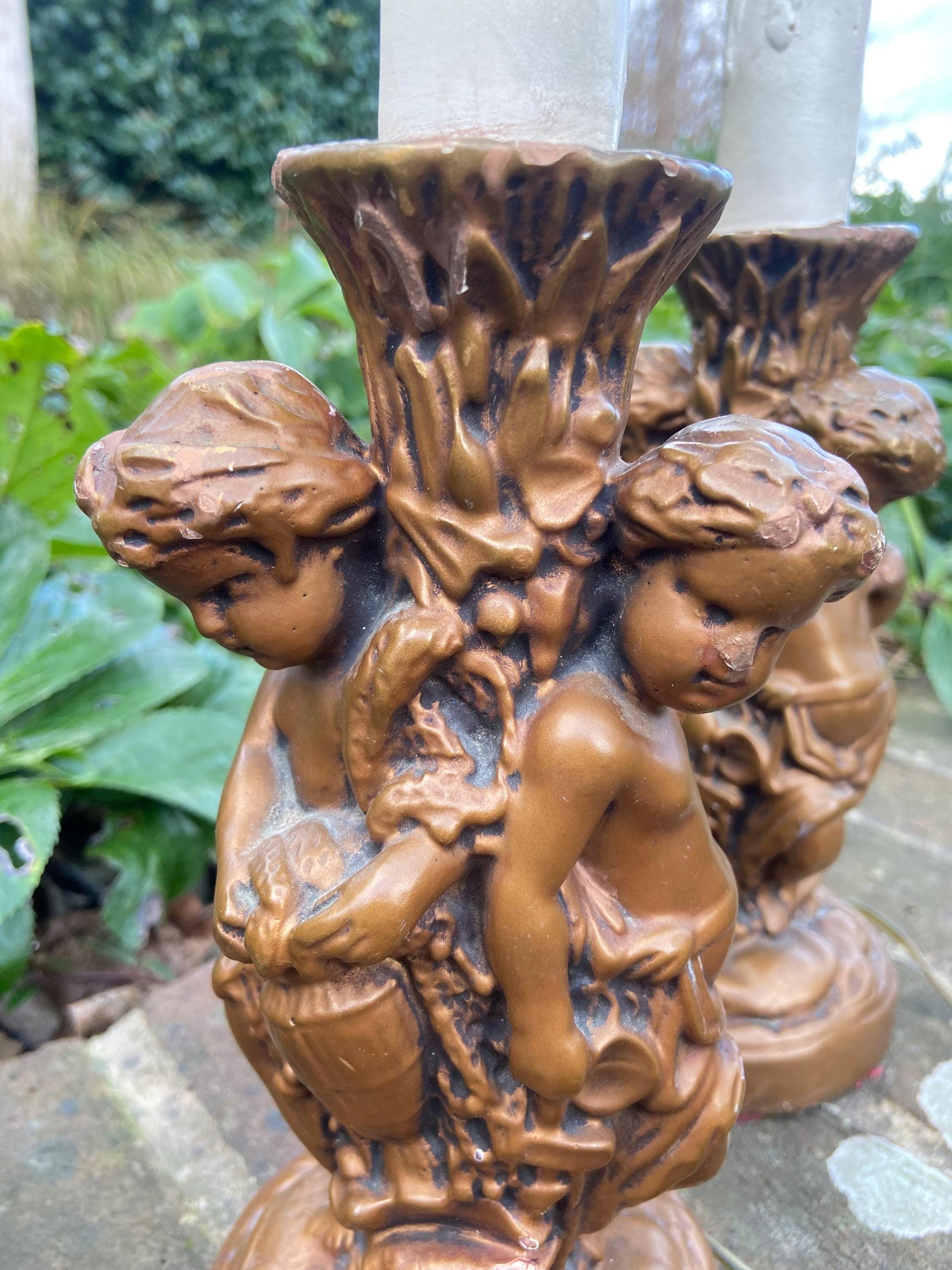 Original Vintage Pair 1970s plaster gold cherubs (different moulds) vintage table lamps - working table lamps
