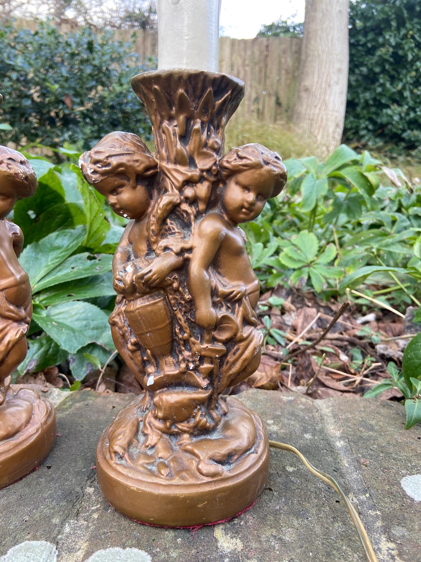 Original Vintage Pair 1970s plaster gold cherubs (different moulds) vintage table lamps - working table lamps