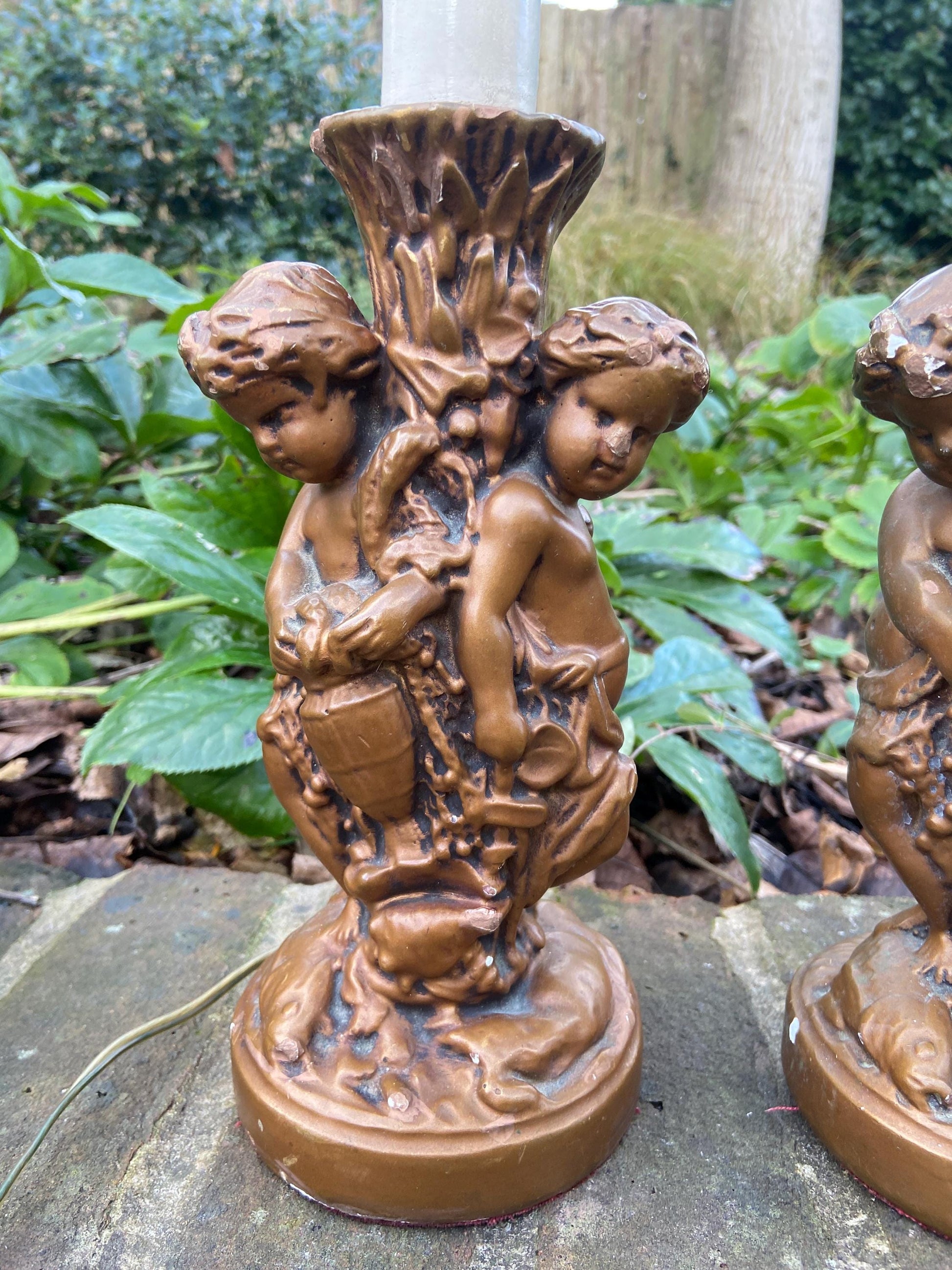 Original Vintage Pair 1970s plaster gold cherubs (different moulds) vintage table lamps - working table lamps