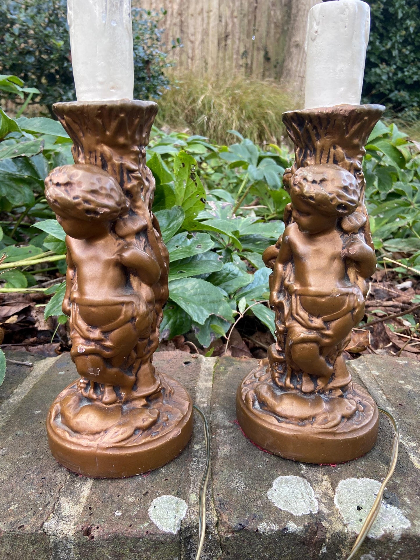 Original Vintage Pair 1970s plaster gold cherubs (different moulds) vintage table lamps - working table lamps
