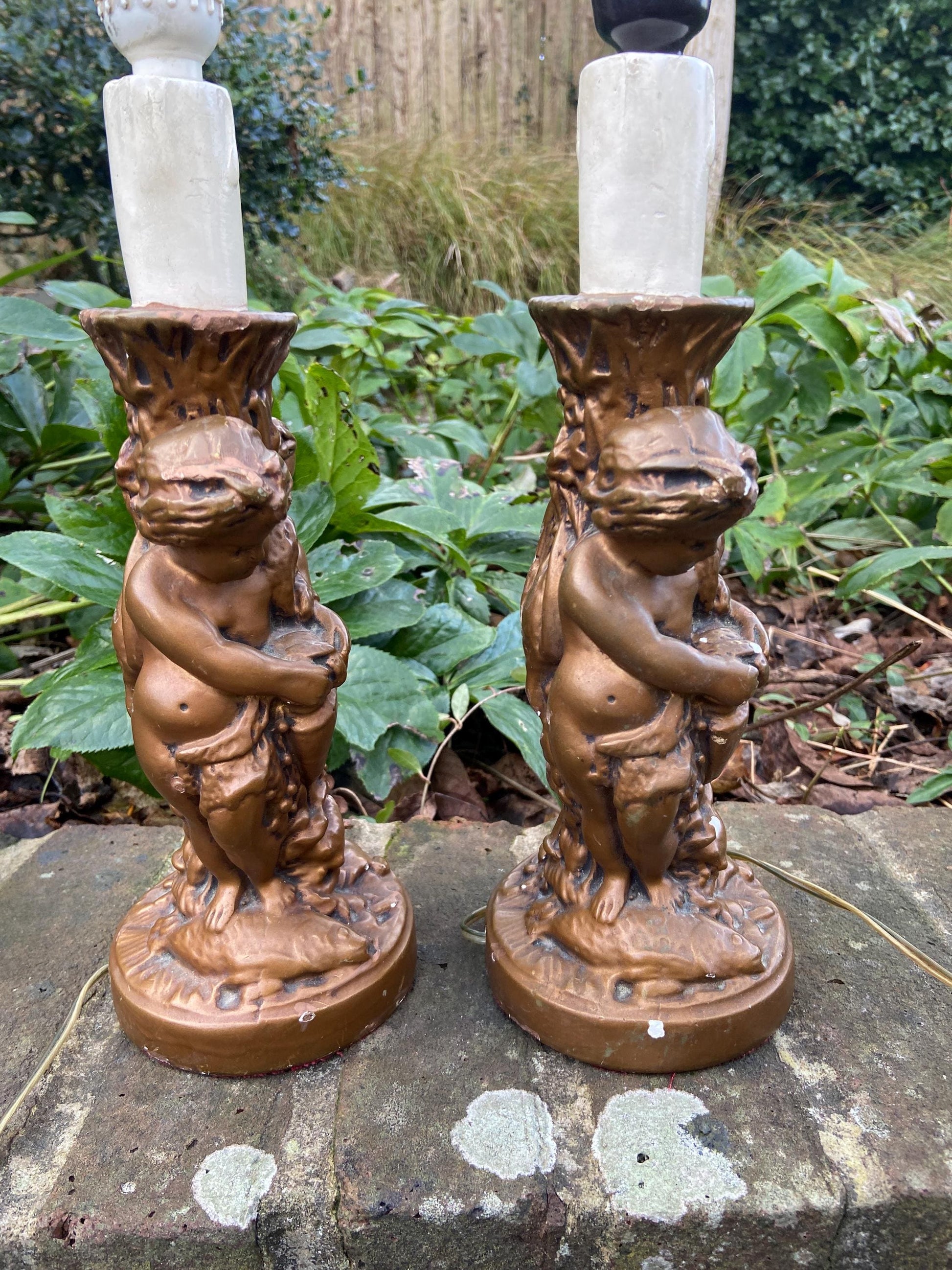 Original Vintage Pair 1970s plaster gold cherubs (different moulds) vintage table lamps - working table lamps
