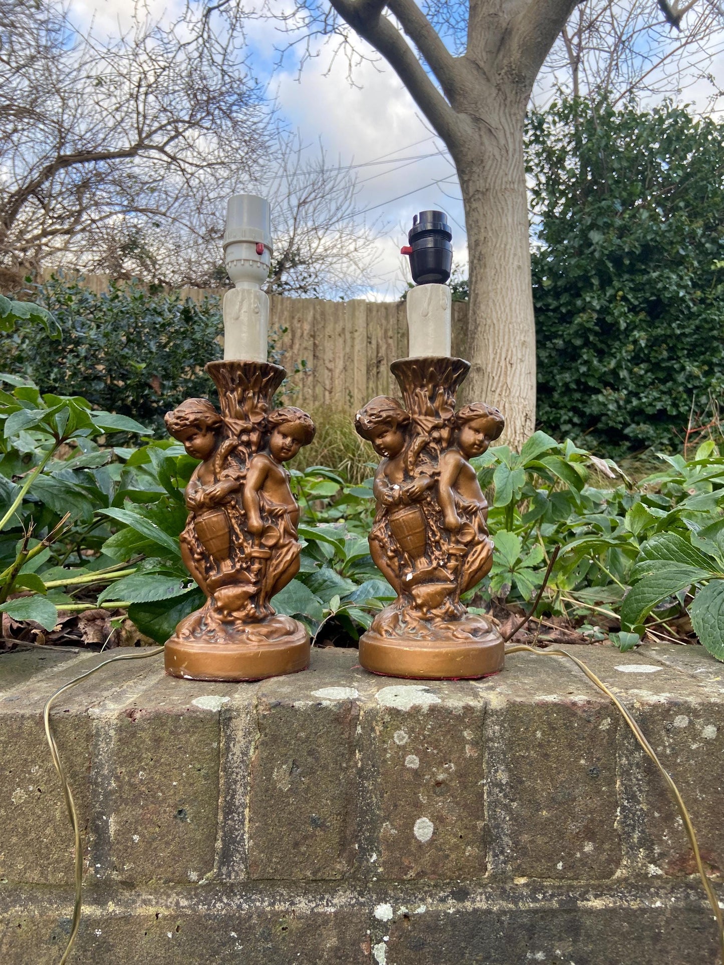 Original Vintage Pair 1970s plaster gold cherubs (different moulds) vintage table lamps - working table lamps