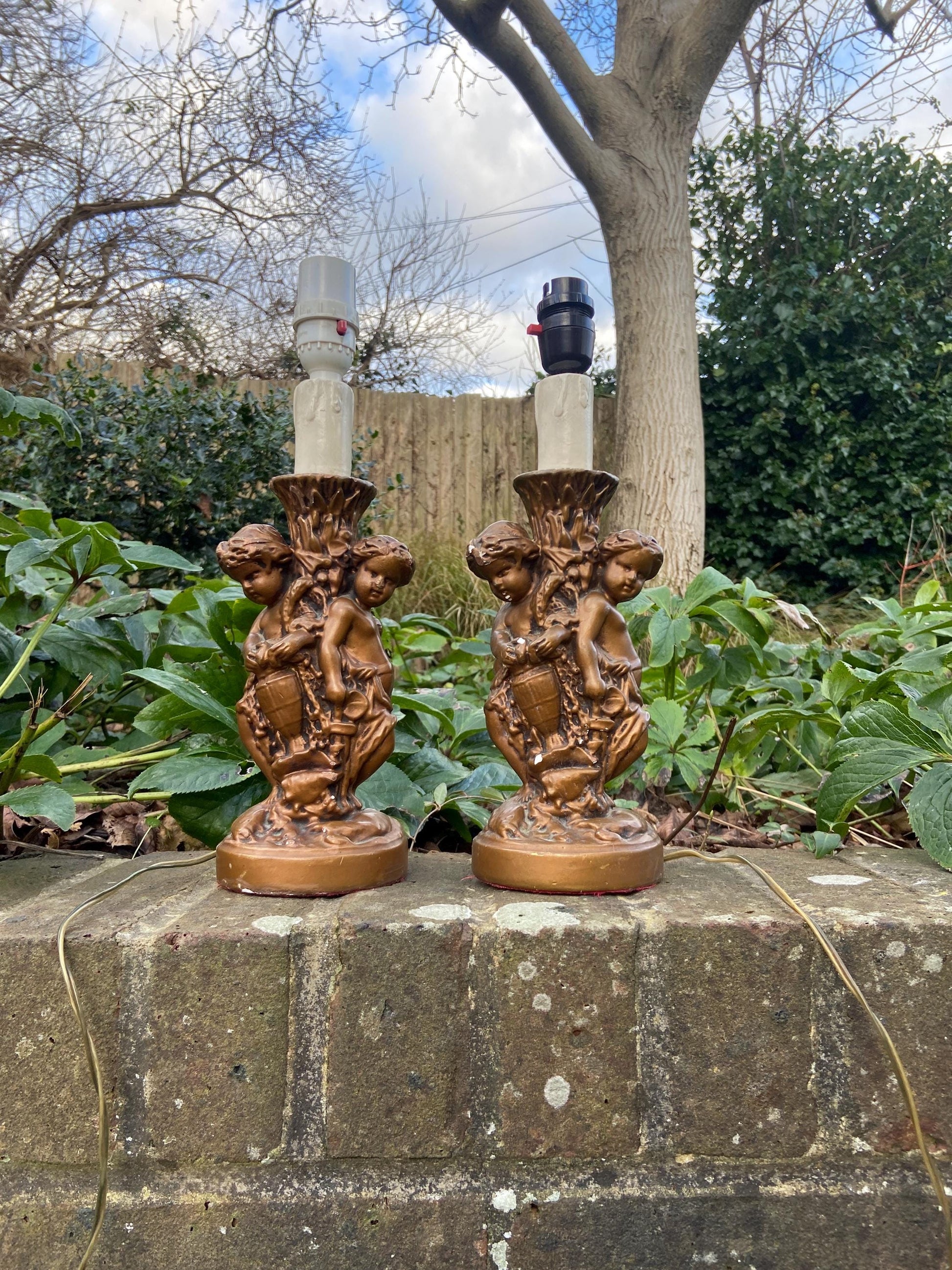 Original Vintage Pair 1970s plaster gold cherubs (different moulds) vintage table lamps - working table lamps