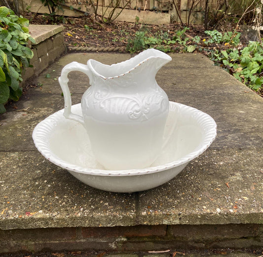 white semi porcelain royal vitreous china jug and bowl by Maddock & Sons.  Victorian Edwardian antique jug and bowl set. VGC