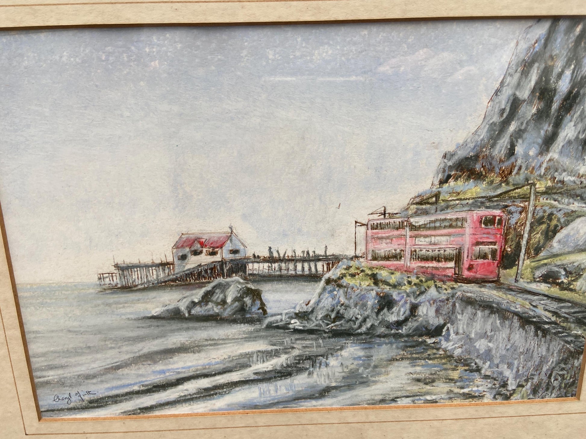 Original Cheryl Firth Mumbles, Wales, Double Decker Tram water colour painting - framed, 1990s, signed artwork