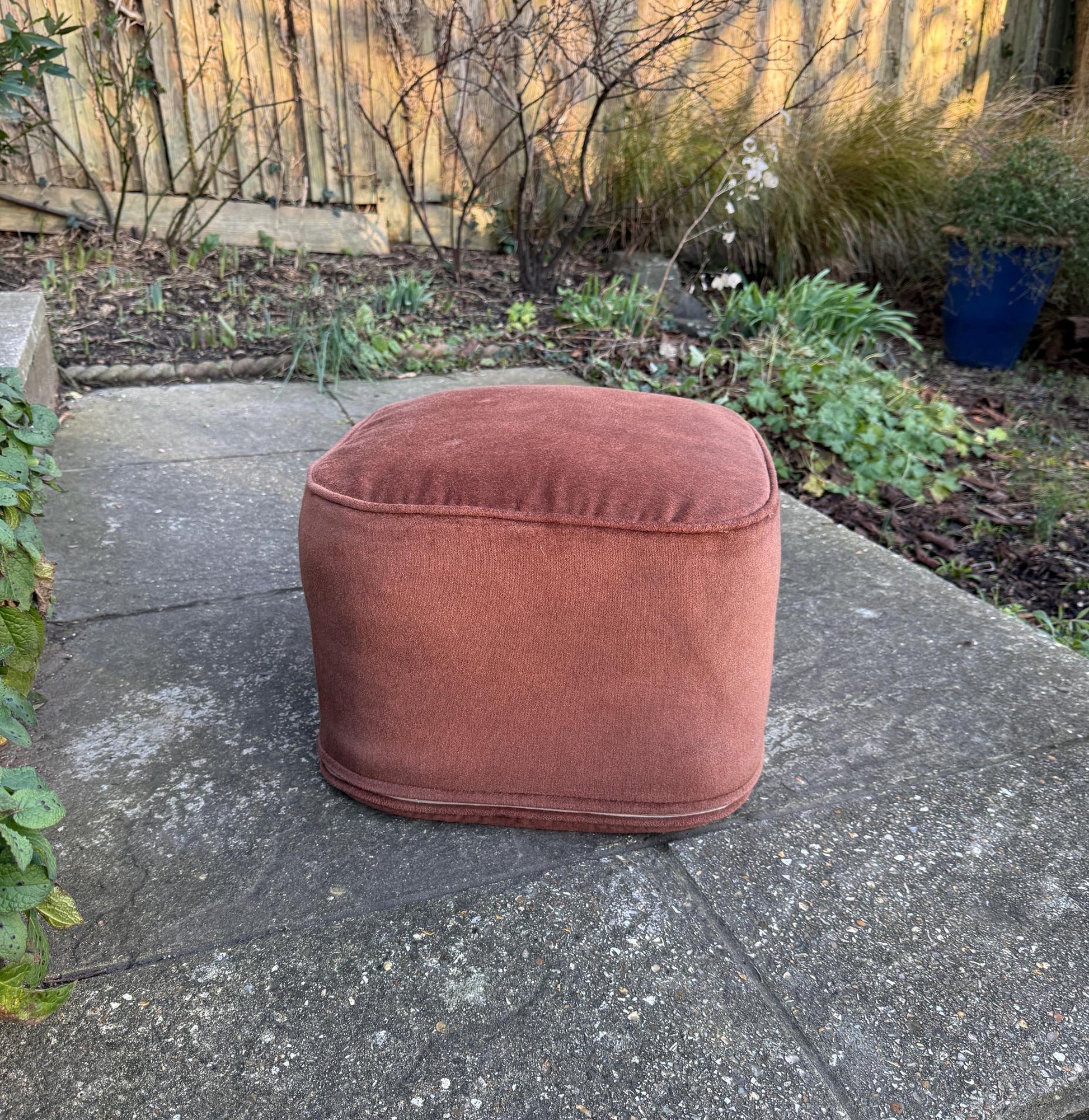 retro vintage pouf. vintage foot stool. vintage footstool in brown draylon