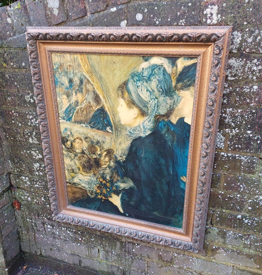 fabulous vintage print of famous Renoir painting, At The Theatre or First Outing. In superb ornate wooden gilt carved vintage frame. Large.