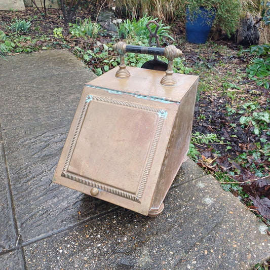 Vintage Late Victorisn Brass Coal Box Scuttle with Intact Liner and Shovel