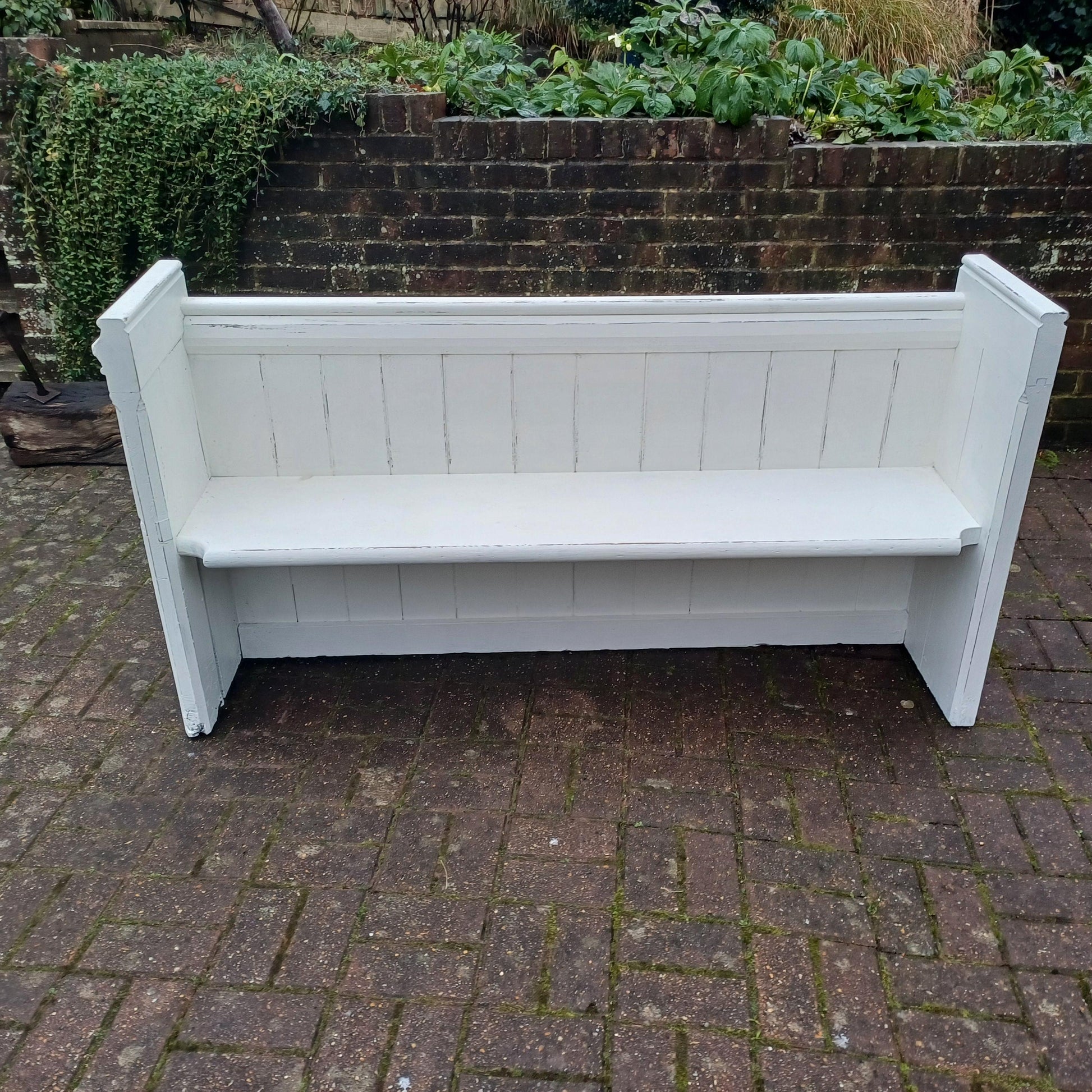 Superb Vintage Victorian Painted Rustic Pew Bench in Farrow and Ball White