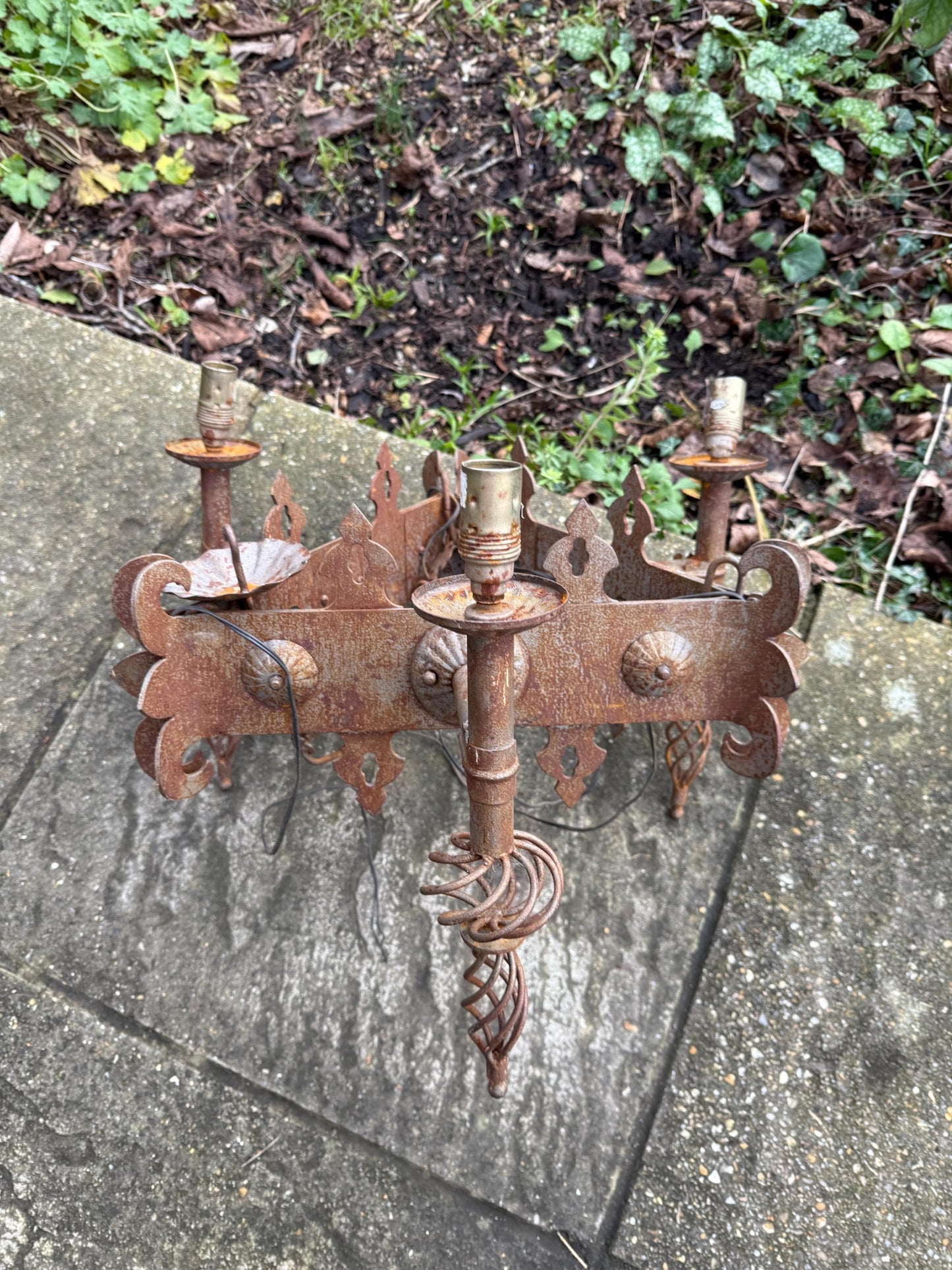 Early 1900s Heavy Medieval Style, Gothic Style Iron Ceiling Light, Gothic Revival Vintage Iron Hanging Light