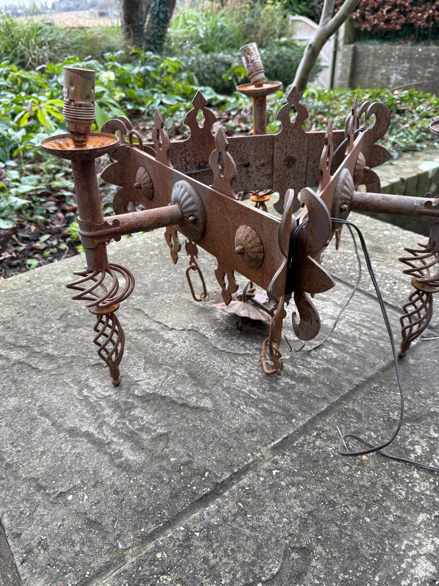 Early 1900s Heavy Medieval Style, Gothic Style Iron Ceiling Light, Gothic Revival Vintage Iron Hanging Light