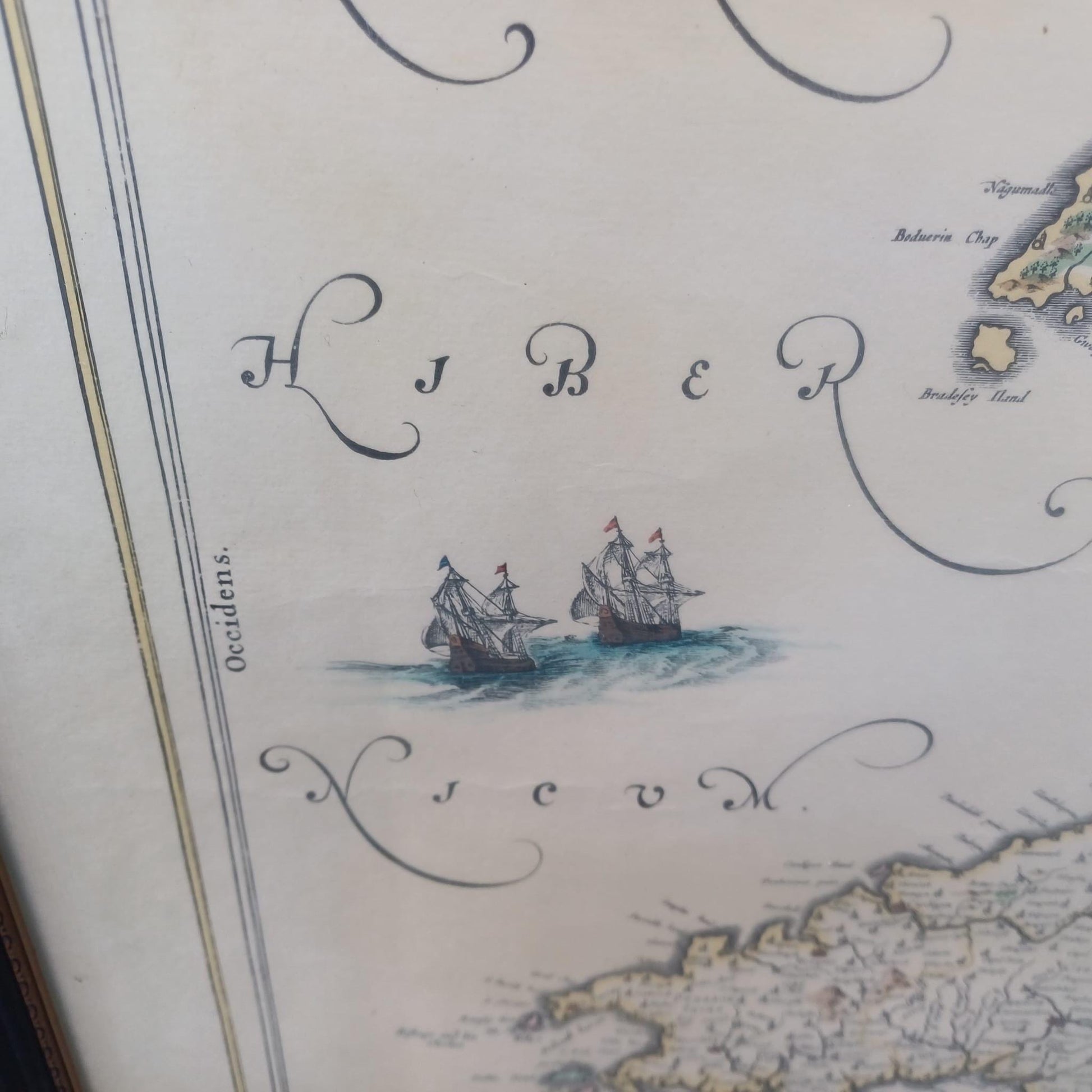 Vintage 1600s Wales Map (1648) - engraved and painted by Johan Blaeu and printed by John Bartholomew in a vintage glazed frame (50cm x 60cm)