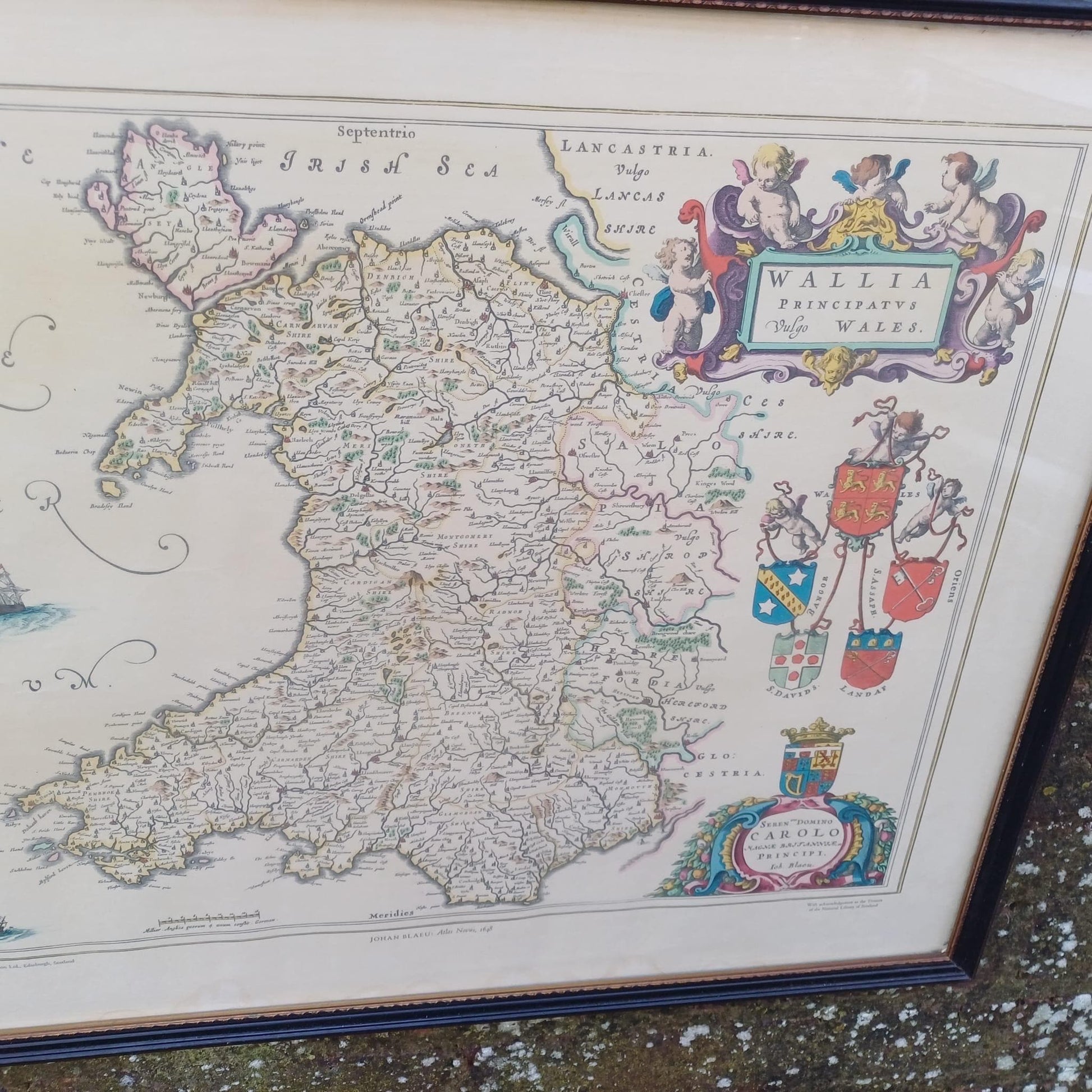 Vintage 1600s Wales Map (1648) - engraved and painted by Johan Blaeu and printed by John Bartholomew in a vintage glazed frame (50cm x 60cm)