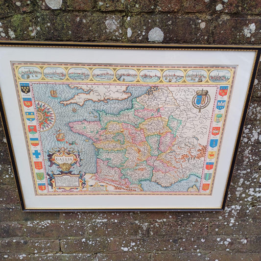 lovely vintage map print of France in vintage black frame. Map depicts france in 1598. Wonderful colourful engraved and hand painted original map.