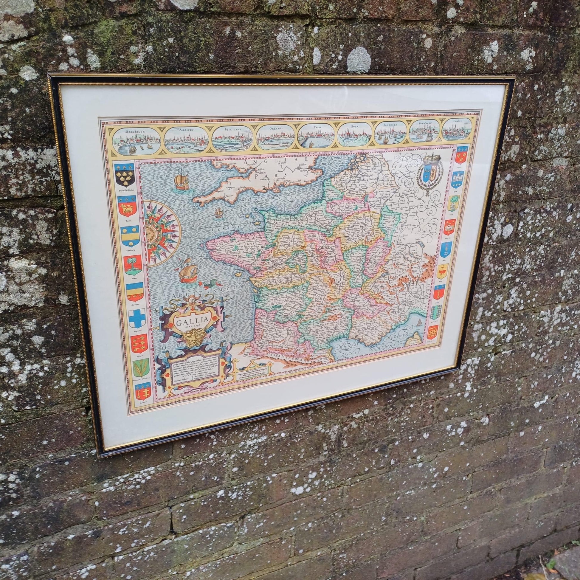 Large Vintage Map of France (Gallia) anno 1598 in glazed vintage black and gold frame - approx 54cm x 68cm