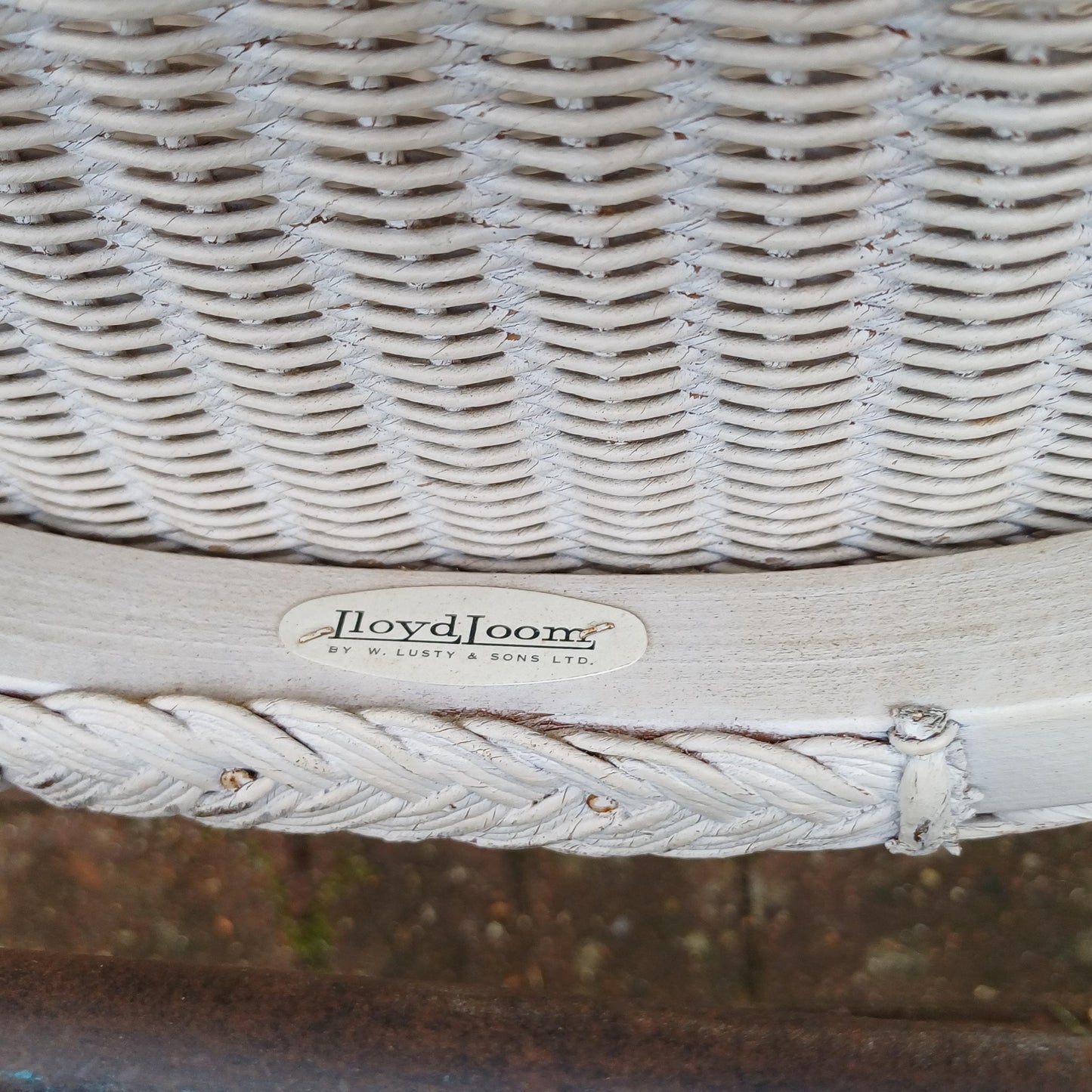 Lloyd Loom Mid Century White Wicker Cocktail Basket Weave Chair, on black metal legs, labelled