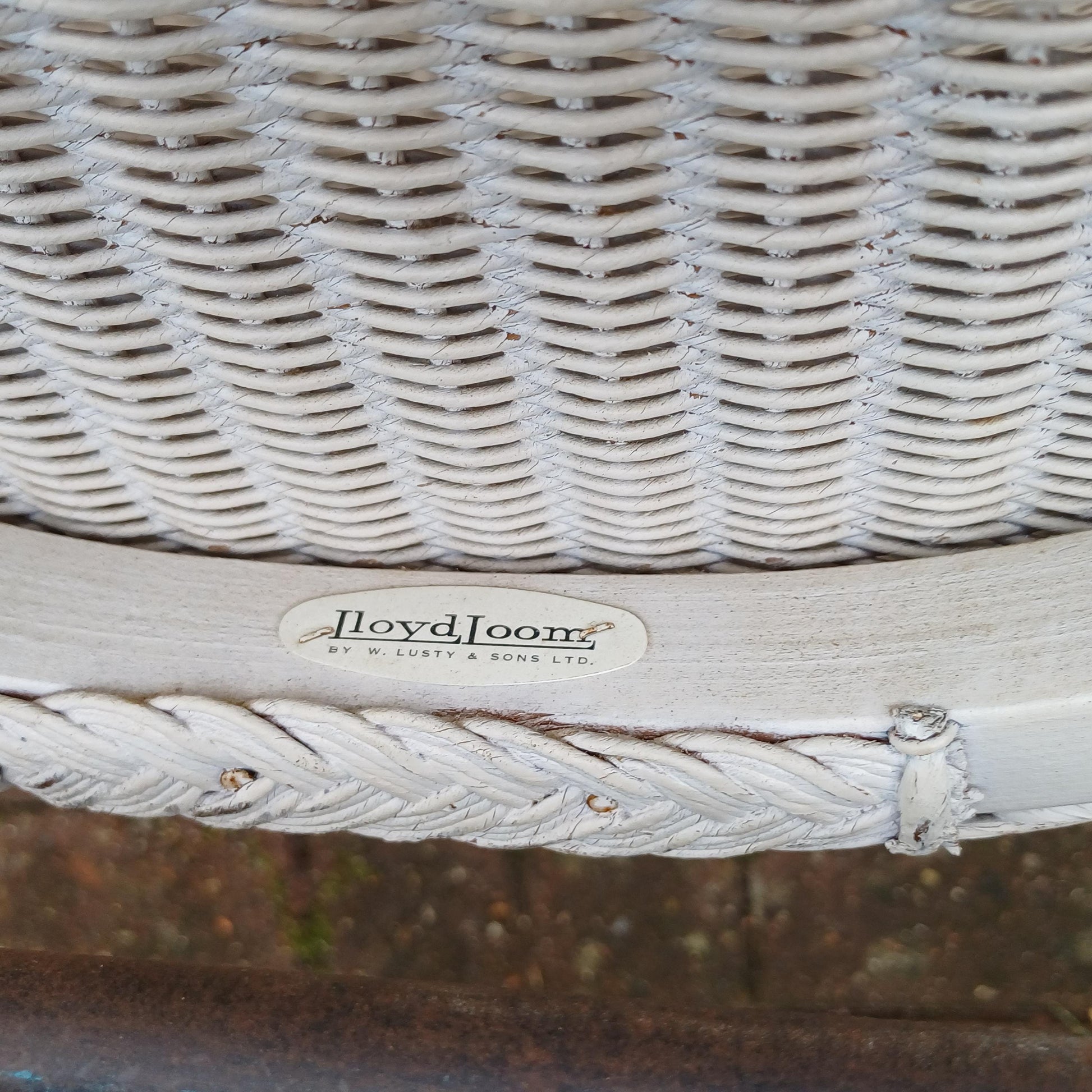 Lloyd Loom Mid Century White Wicker Cocktail Basket Weave Chair, on black metal legs, labelled