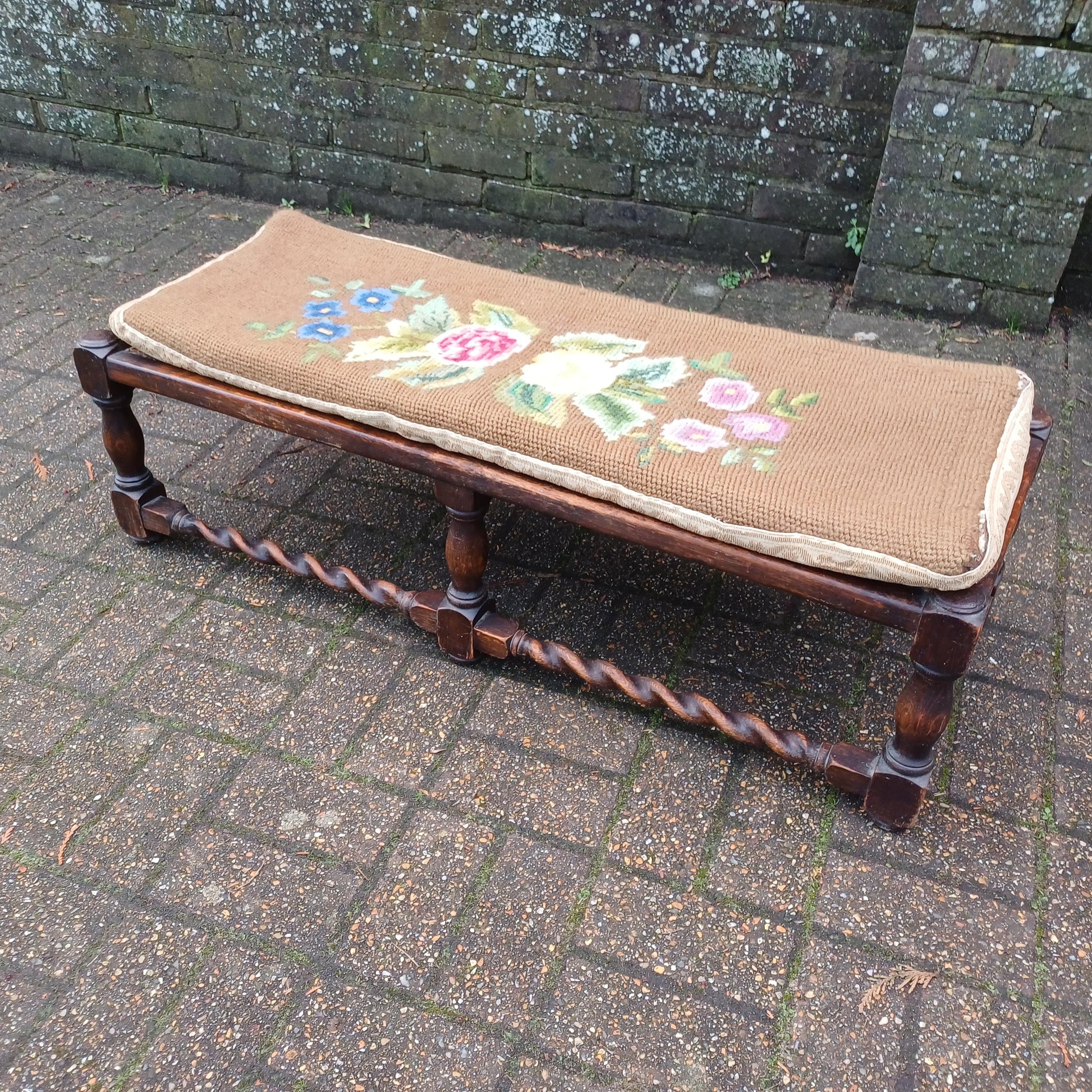 Early 20th Century Oak Stool with Turned Legs Bold Still Life Tapestry Cushion & Cane Seat