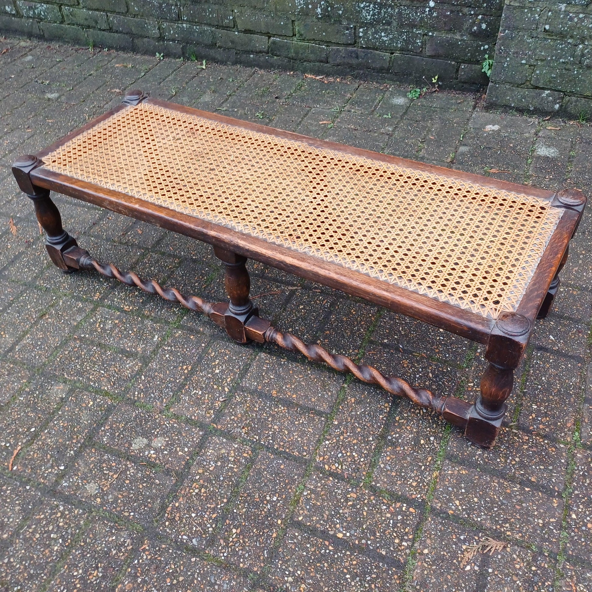 Early 20th Century Oak Stool with Turned Legs Bold Still Life Tapestry Cushion & Cane Seat