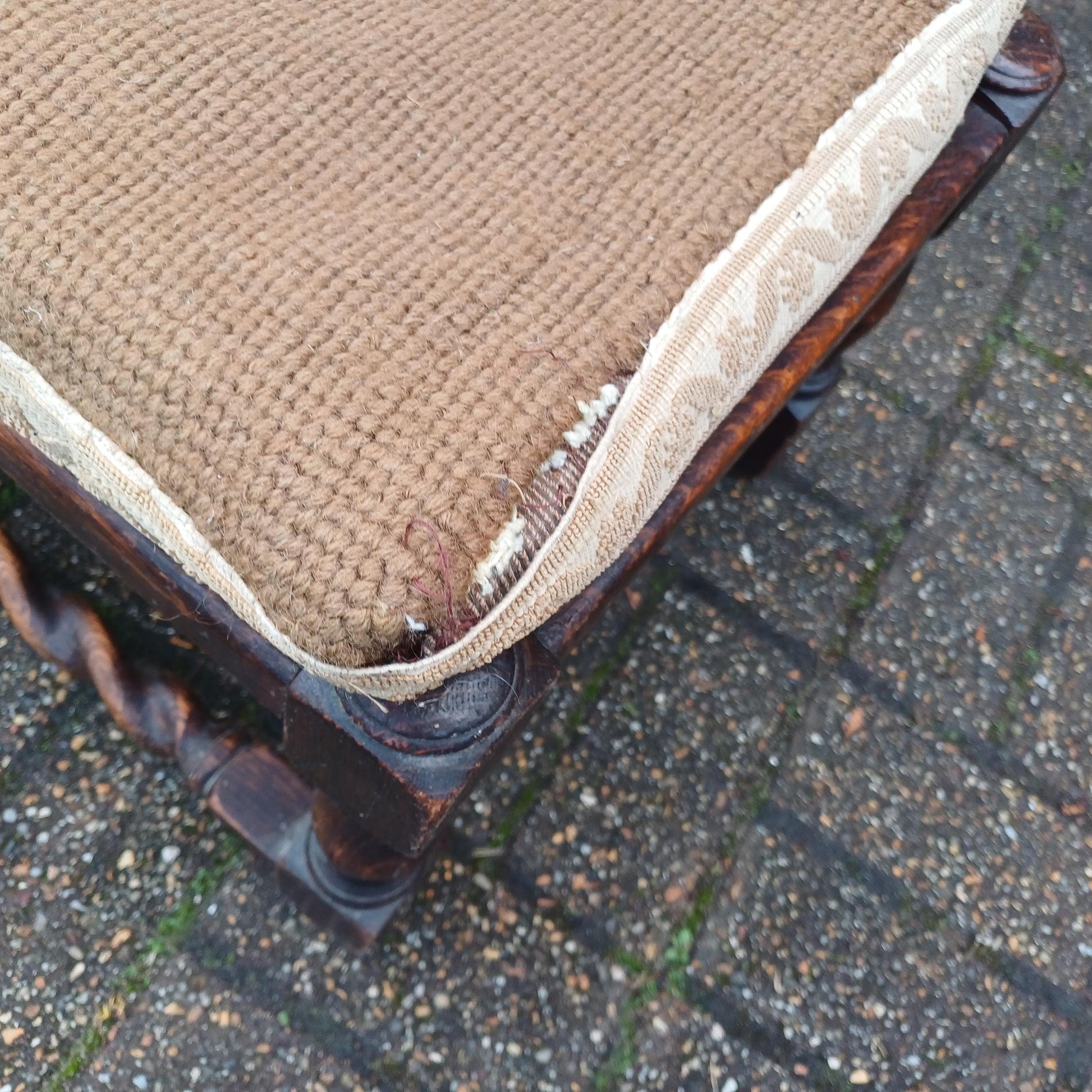 Early 20th Century Oak Stool with Turned Legs Bold Still Life Tapestry Cushion & Cane Seat