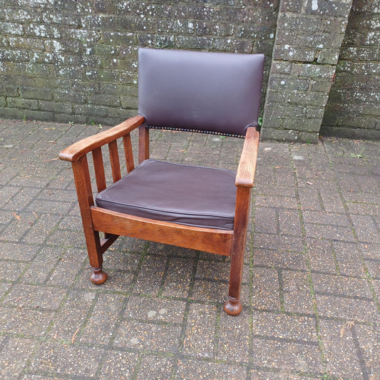 Vintage Solid Oak Upholstered Occasional Monkey Carver Chair Brown Leatherette