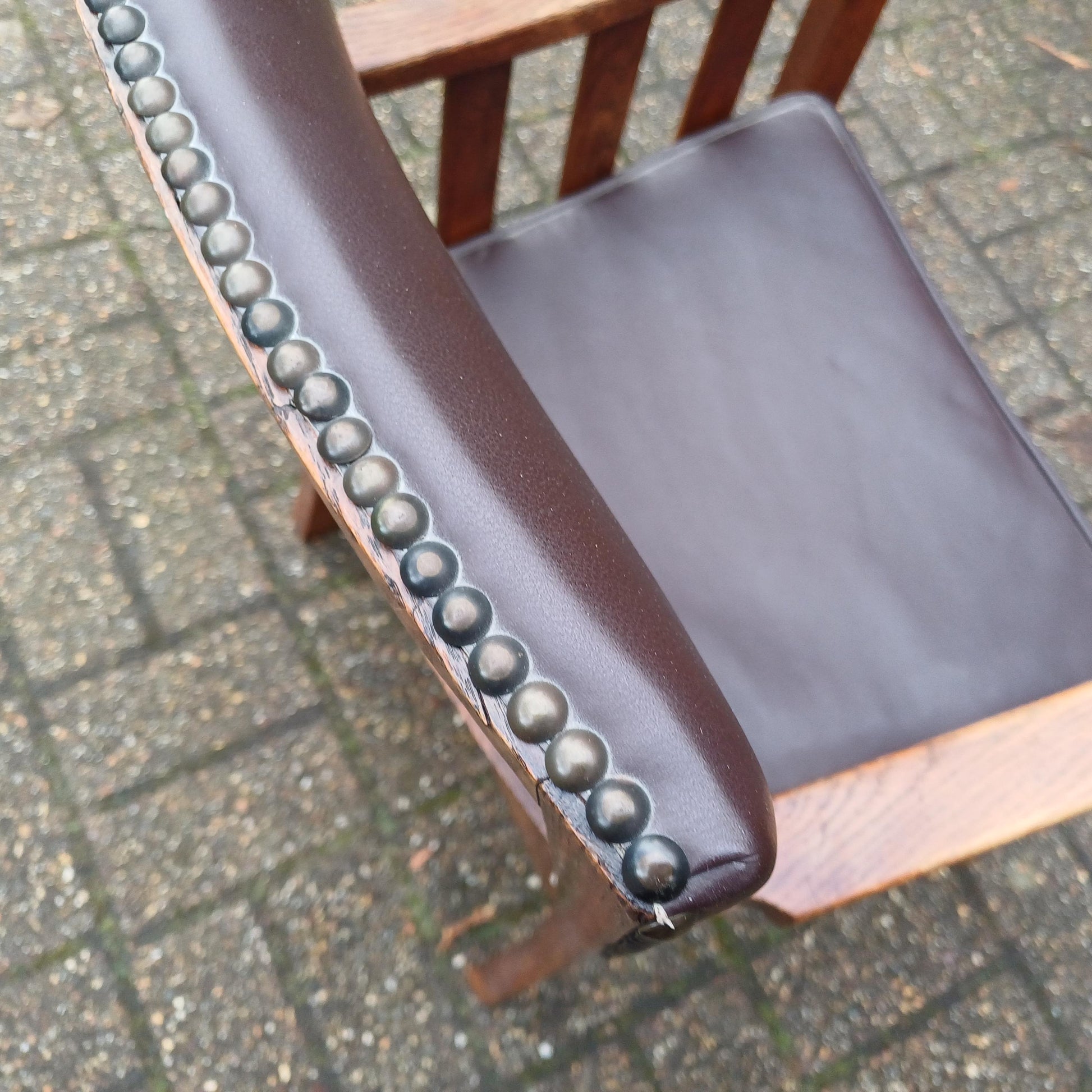 Vintage Solid Oak Upholstered Occasional Monkey Carver Chair Brown Leatherette