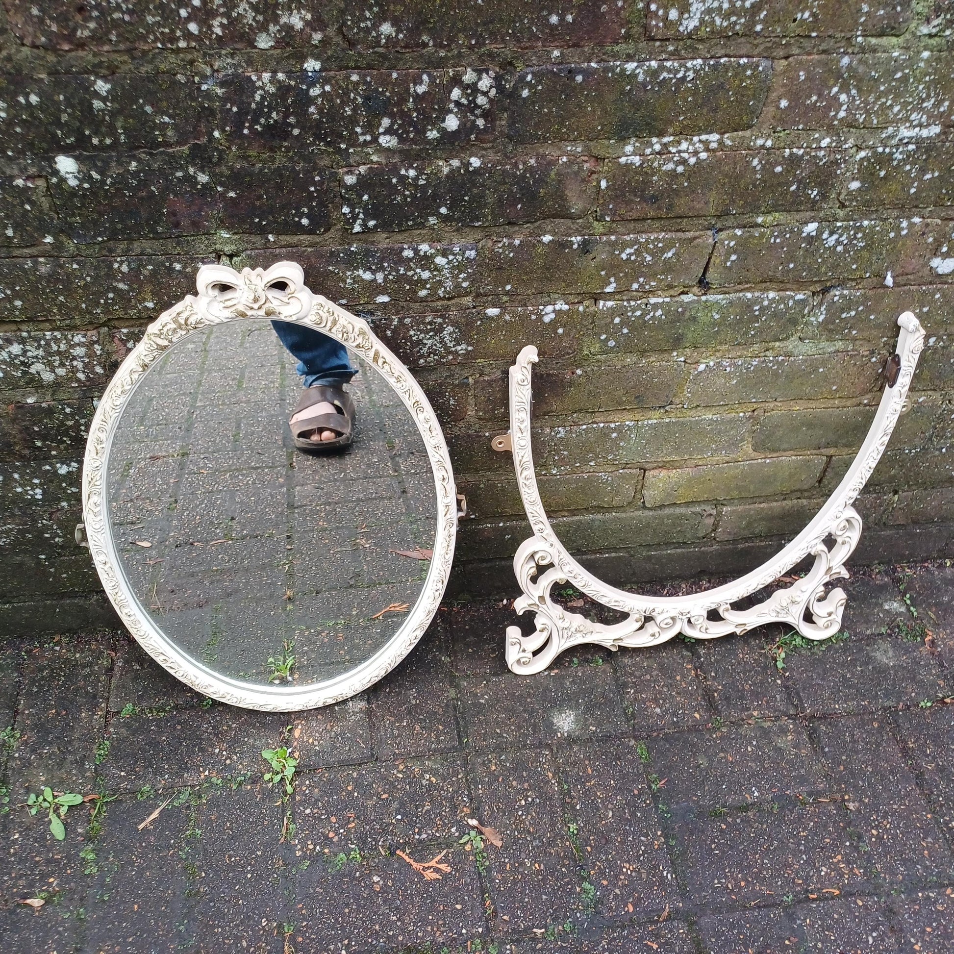 Classic Repurposed Vintage 1970s Ornate Cream and Gold Oval Wall Mirror