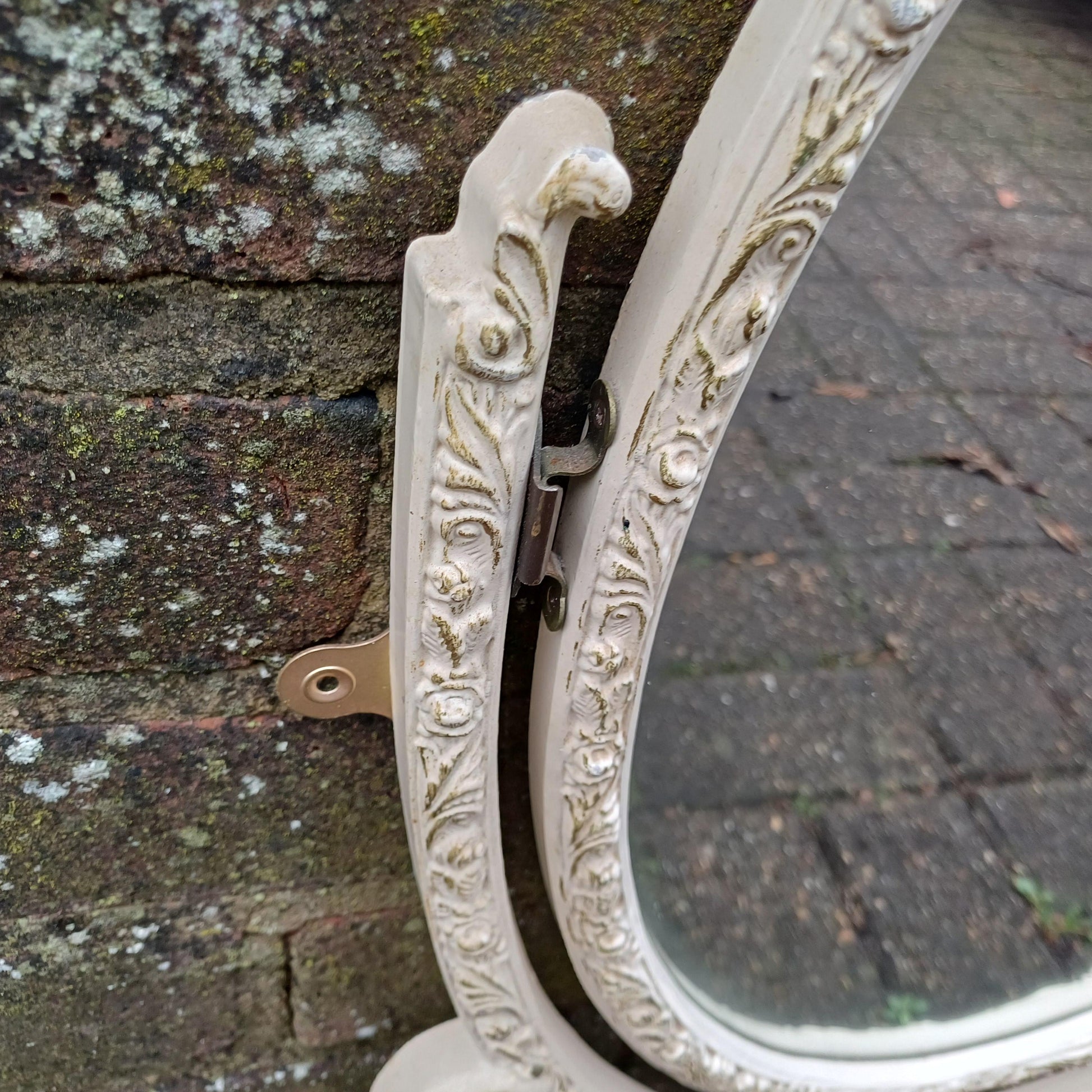 Classic Repurposed Vintage 1970s Ornate Cream and Gold Oval Wall Mirror