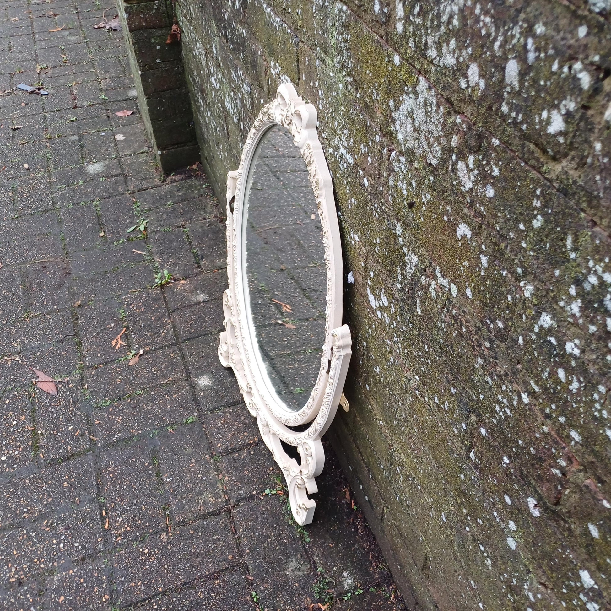 Classic Repurposed Vintage 1970s Ornate Cream and Gold Oval Wall Mirror