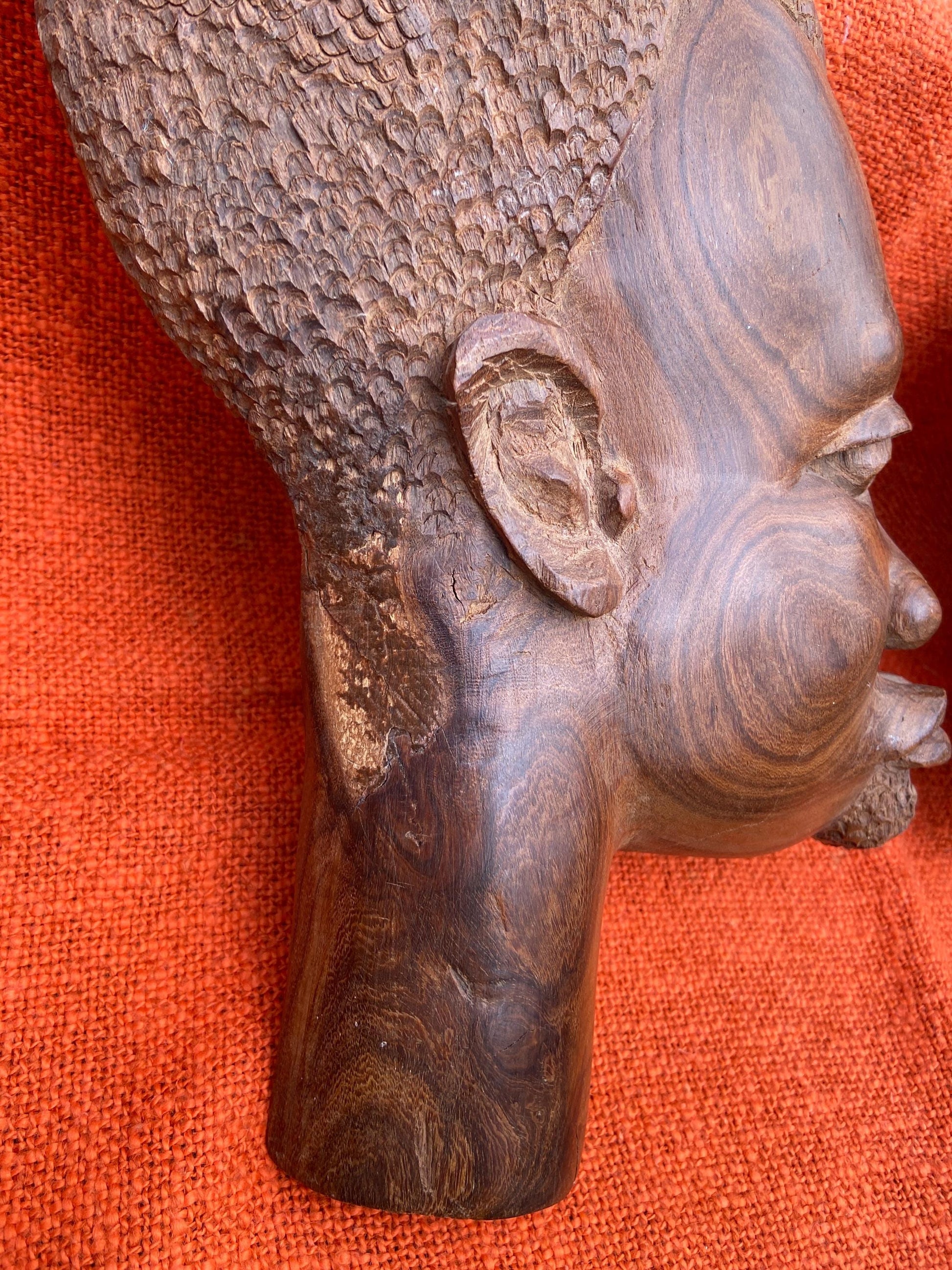 Vintage African hand carved wood faces, pair of African sculptures, Ethnic art, wooden wall art
