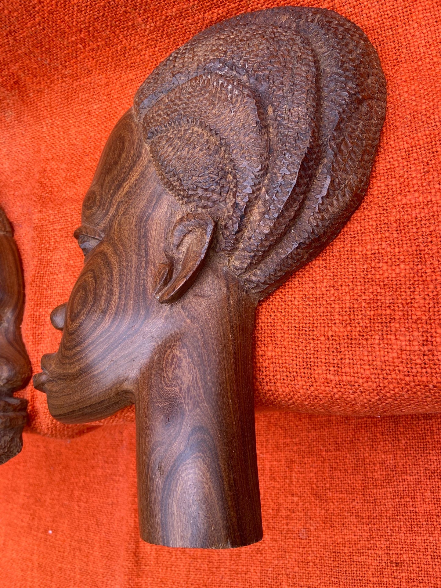 Vintage African hand carved wood faces, pair of African sculptures, Ethnic art, wooden wall art